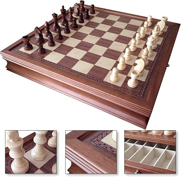 4 Less CO 19" Large Deluxe Chess Board Game Set Box Inlaid Walnut Wood Pieces 1208M