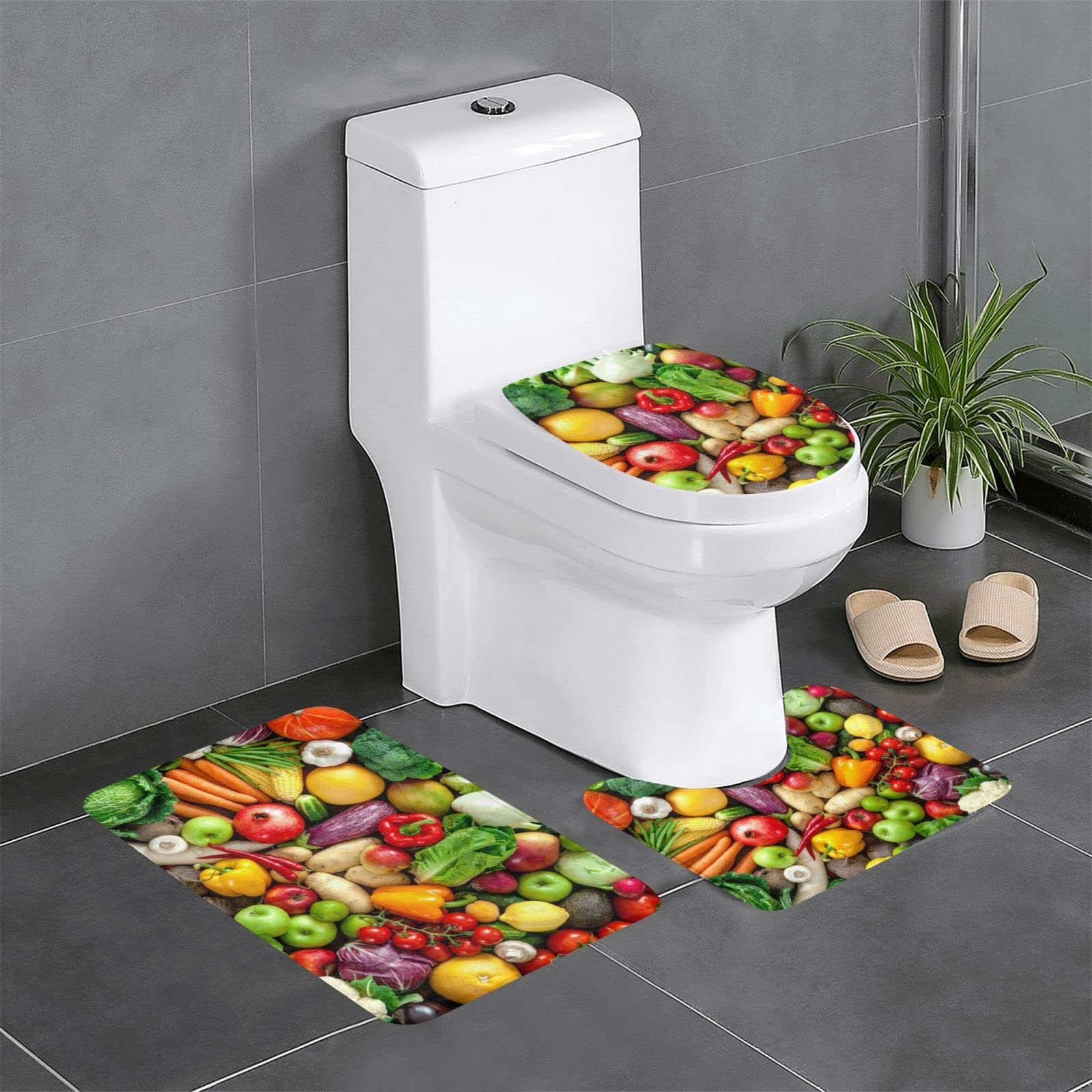 Lot de 3 tapis de salle de bain antidérapant avec contour WC et couvre-toilette imprimé