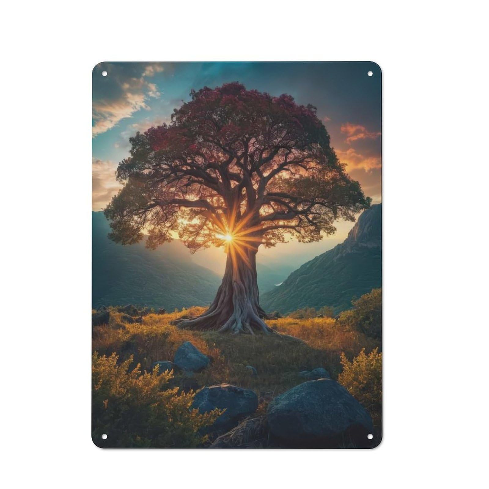Tin Sign 40x30cm with Majestic Tree at Sunset for Garage Wall, Retro-style Decor, for Room Styling Across Garages And Workshops