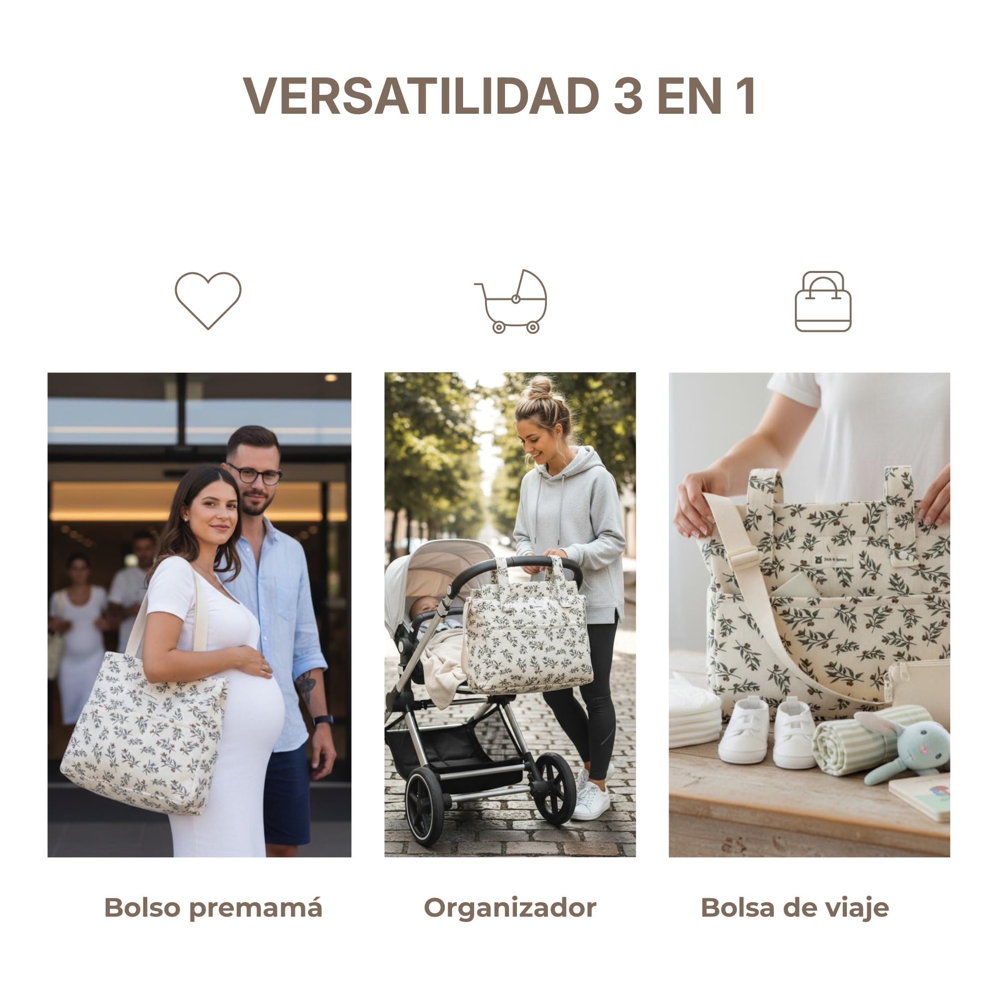 Bub&Beary Bolso Carro Bebé 3 en 1 Muselina Doble Gasa 100% Algodón – Estampado Botánico Atemporal – Bolso Maternal Gran Capacidad – Regalo Nacimiento y Baby Shower