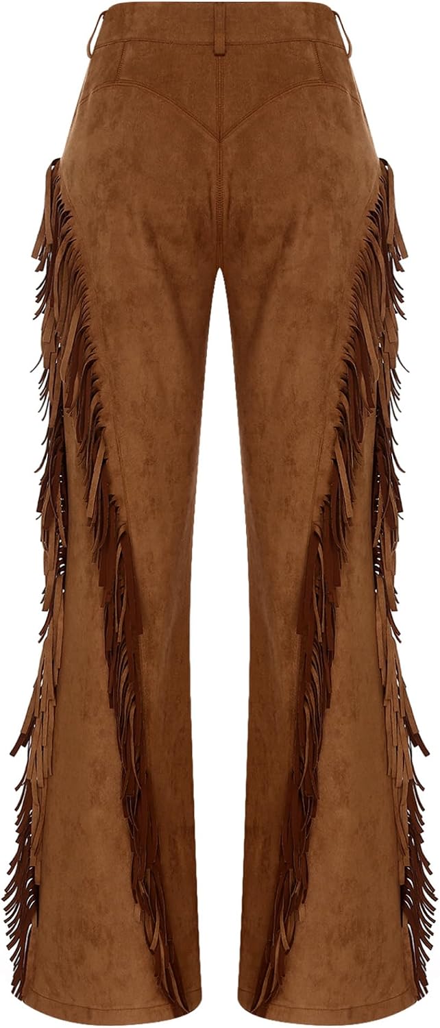 Womens Faux Suede Fringed Chaps Pants Cowgirls Costume Side Tassel Bell Bottoms Trousers