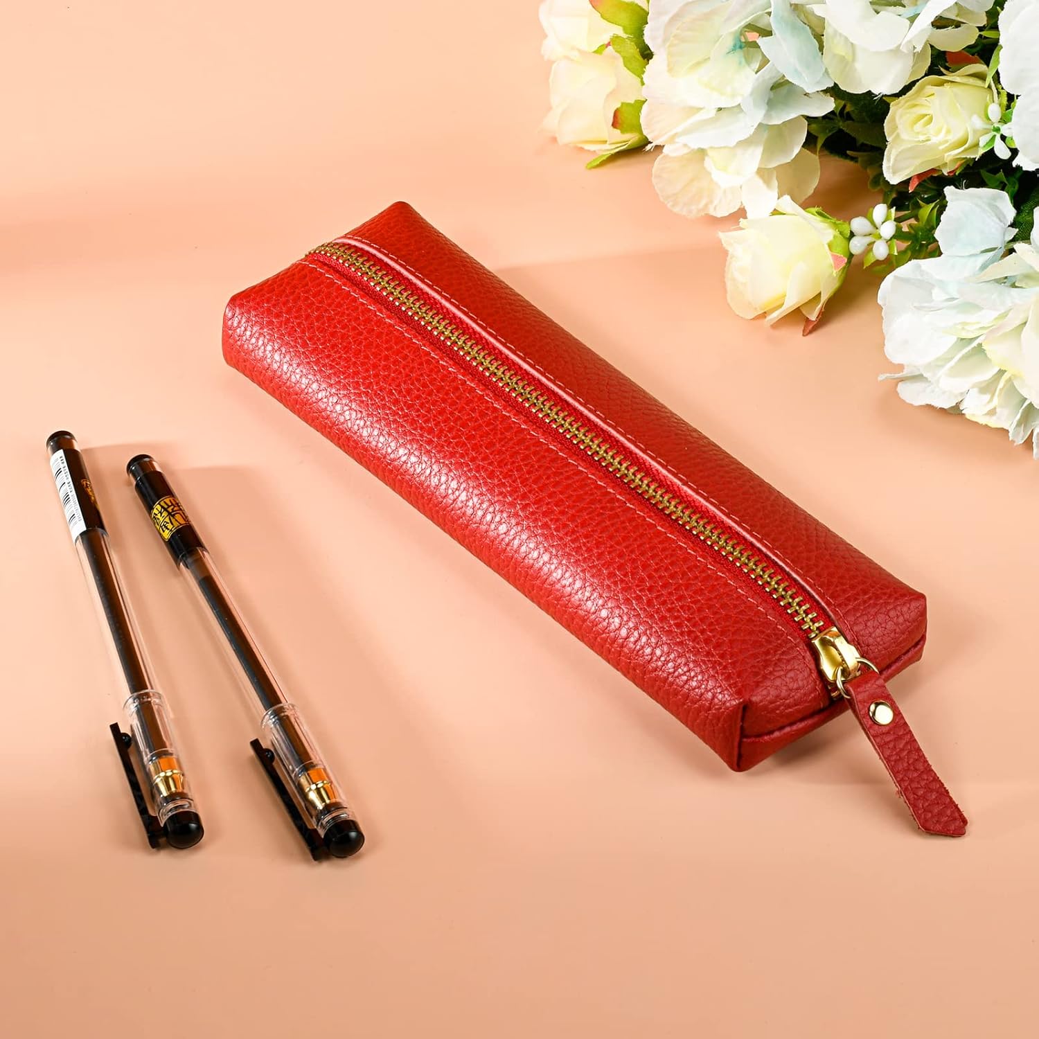 Genuine leather pen case, Cowhide red pencil pouch with zipper, Soft pen bag for adults. - Image 2