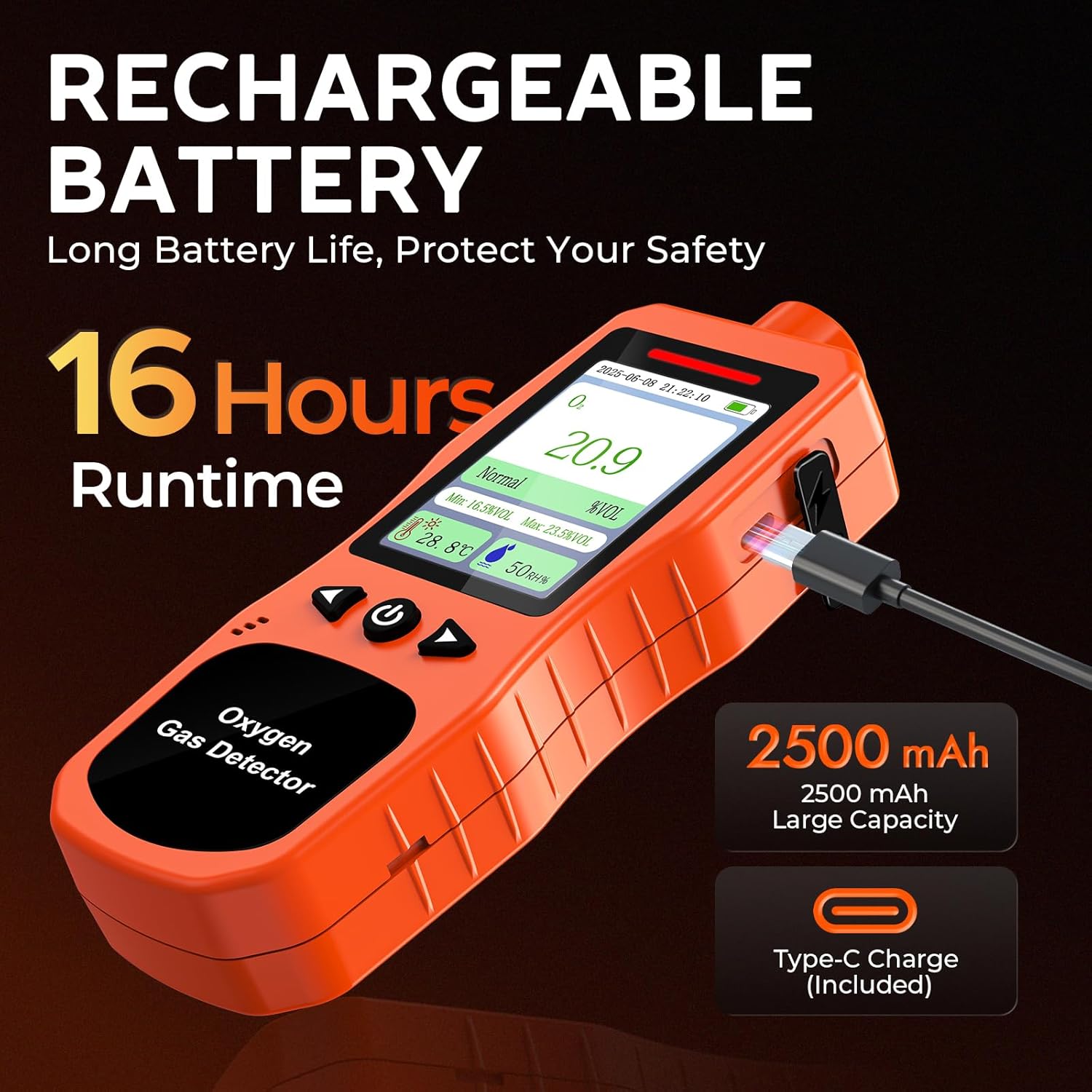 Portable Oxygen Detector, Rechargeable O2 Monitor with Sound, Light, Vibration Alarms, Oxygen Air Quality Meter Measures Temperature & Humidity for Indoor Outdoor Use