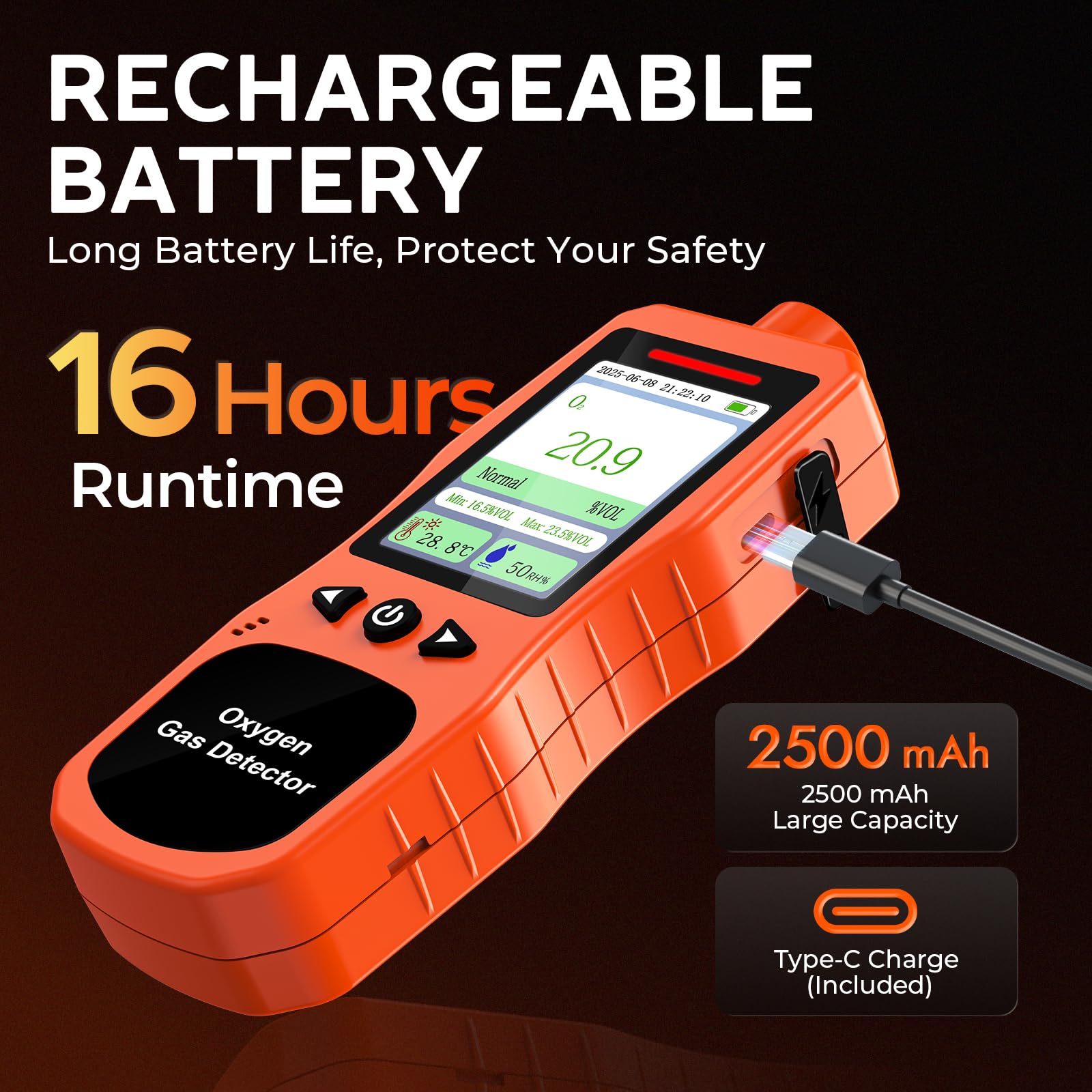 Detector de Oxígeno Portátil 0-30% Vol, Monitor de O2 Recargable con Alarmas, Medidor de Calidad del Aire y Oxígeno Que Mide Temperatura y Humedad para Uso Interior y Exterior