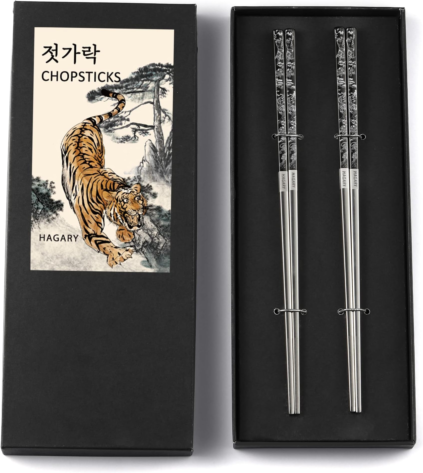 Hagary Tiger Chopsticks Metal Chopsticks Reusable Designed In Korea Japanese Style Stainless Steel 316 18/10 Non-Slip Dishwasher Safe Laser Etched (Black - 2 Pairs)