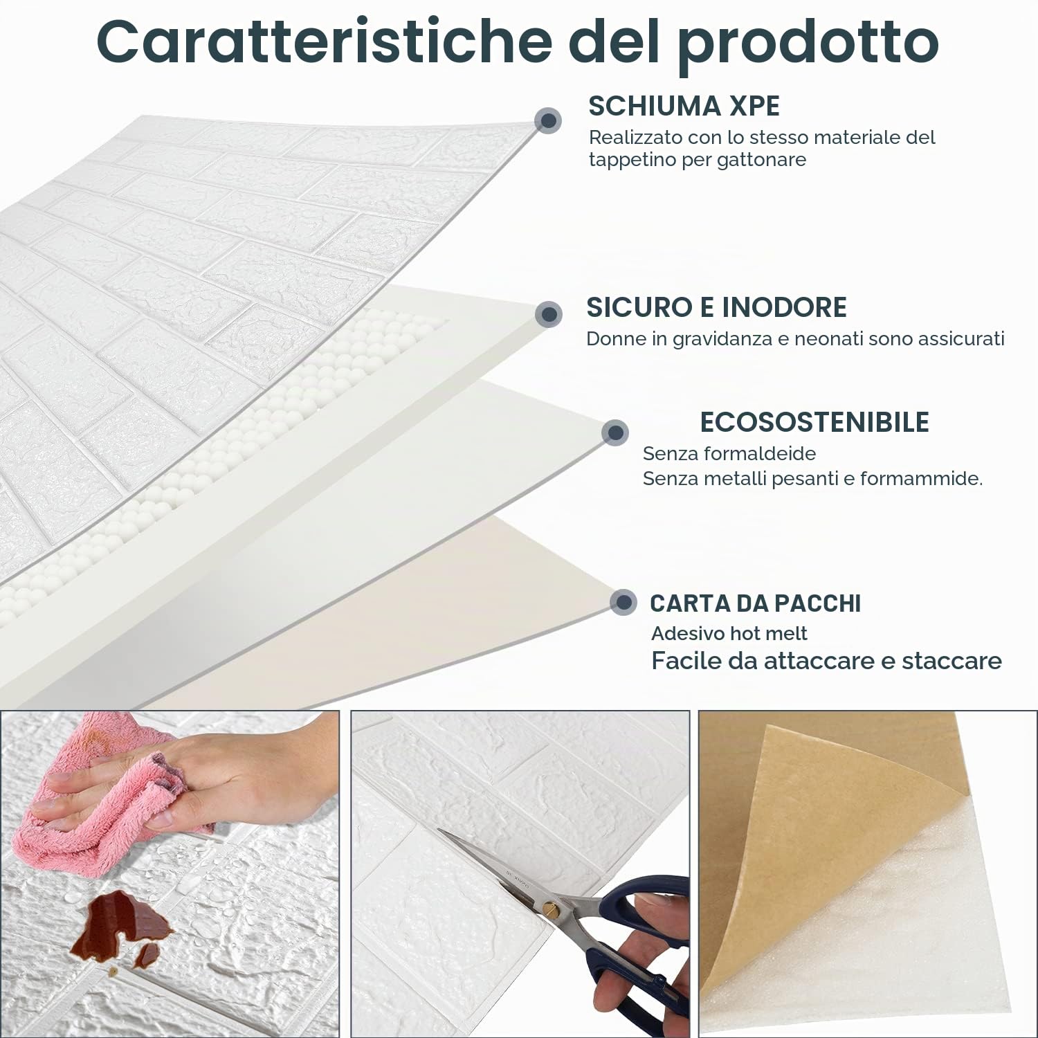 Herrselsam Carta da parati autoadesiva, 50 pezzi, pannelli da parete 3D, autoadesiva, in mattoni, impermeabile, effetto pietra, 5 mm, adatta per cucina, soggiorno, 77 x 70 cm, colore bianco