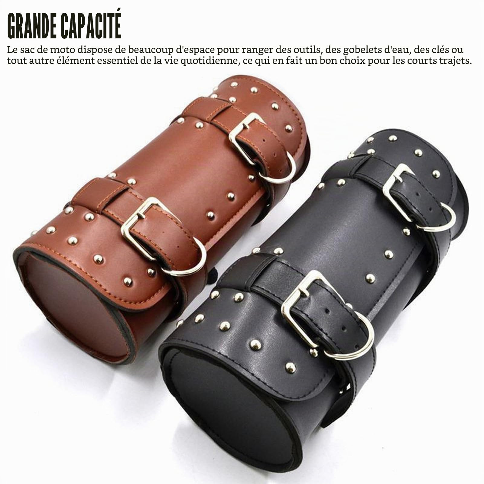 Sacoche de selle de moto en cuir synthétique avec sangles réglables - Sacoche à outils pour guidon de moto - Compatible avec Honda, Kawasaki, Suzuki, Yamaha (noir)