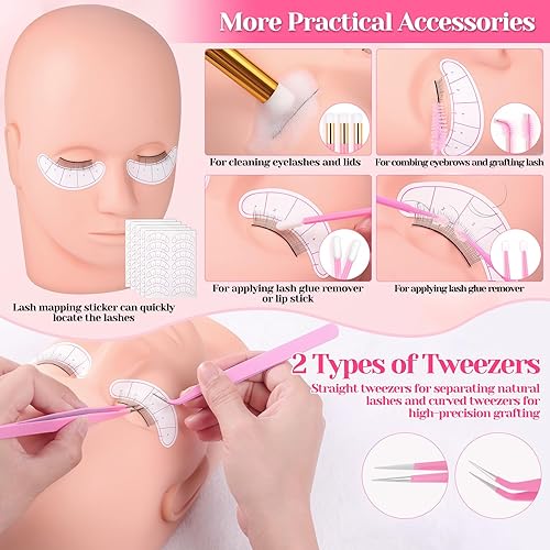 Miniatura 6 de Kit de pestañas para extensiones de pestañas, 327 piezas de suministros de extensiones de pestañas con cabeza de maniquí de pestañas, limpiador de