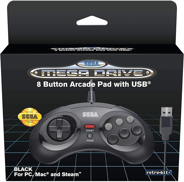 Retro-Bit Official SEGA Mega Drive USB Controller 8-Button Arcade Pad for PC, Mac, Steam, RetroPie, Raspberry Pi - USB Port - Black