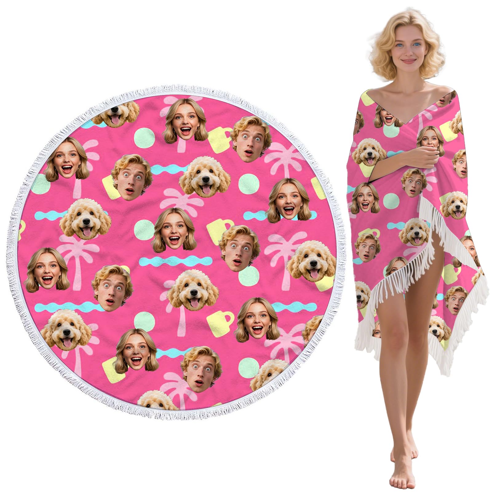 Guooyuuyu Personalised Beach Towel with Face Photo, Custom Beach Towels for Adults Kids, Microfibre Beach Towel, Travel Towels Quick Dry Large Ultra Soft, Ideal for Beach Holidays (Round-09)