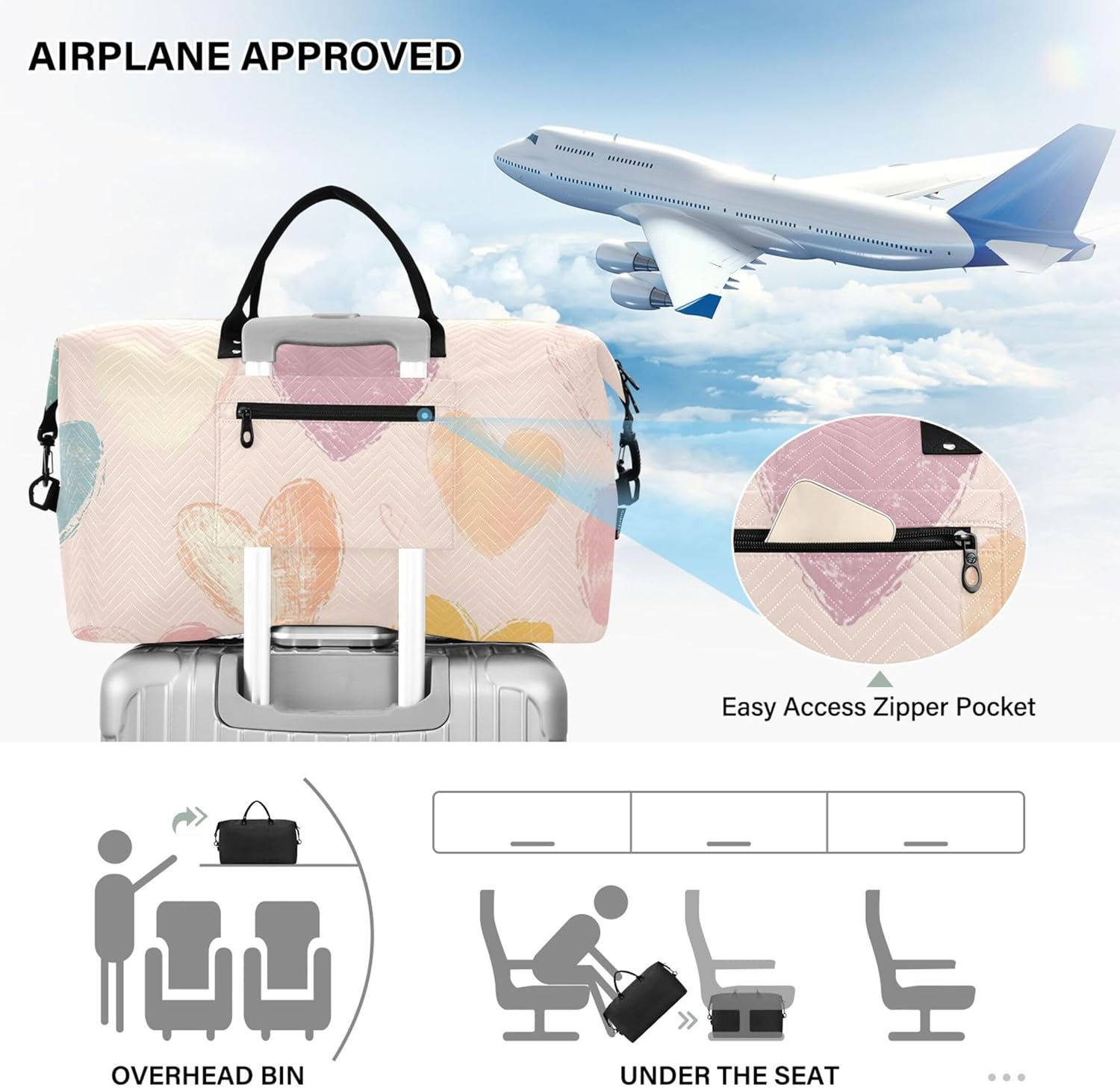 キュートでカラフルなハートピンクのトラベルダッフルバッグ&amp;トイレタリーポーチ2個セット、デザインスポーツダンスバッグ、一晩病