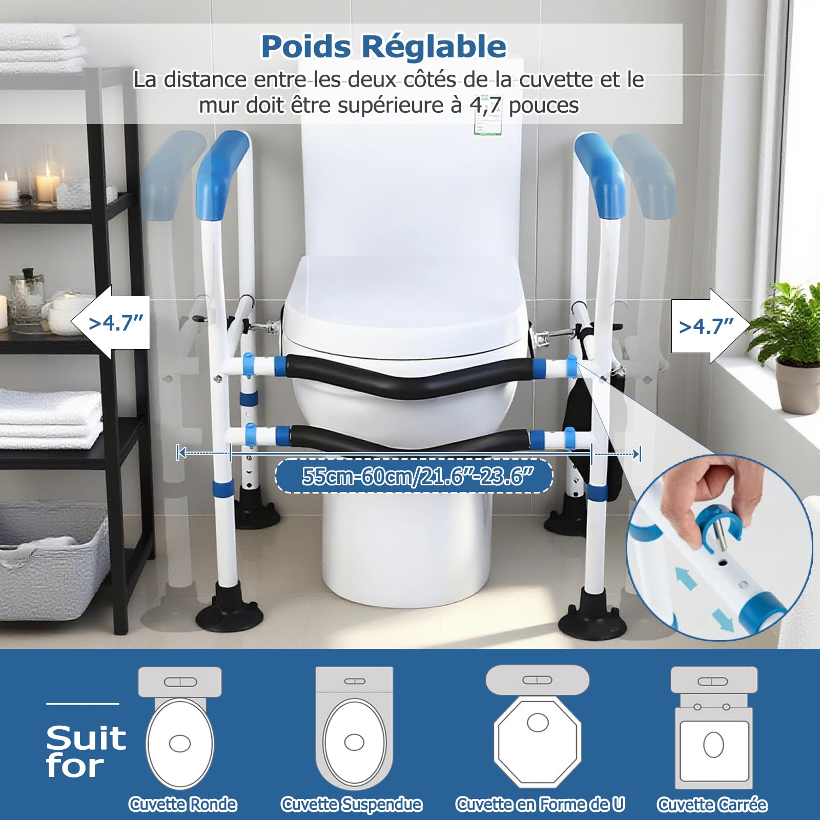 NJUN Cadre de Sécurité pour Toilettes Réglable en Hauteur, Barre d'Appui WC avec Accoudoirs et Sac de Rangement, Support de Toilette Autoportant avec Pinces EVA et Pieds Antidérapants, Sans Perçage