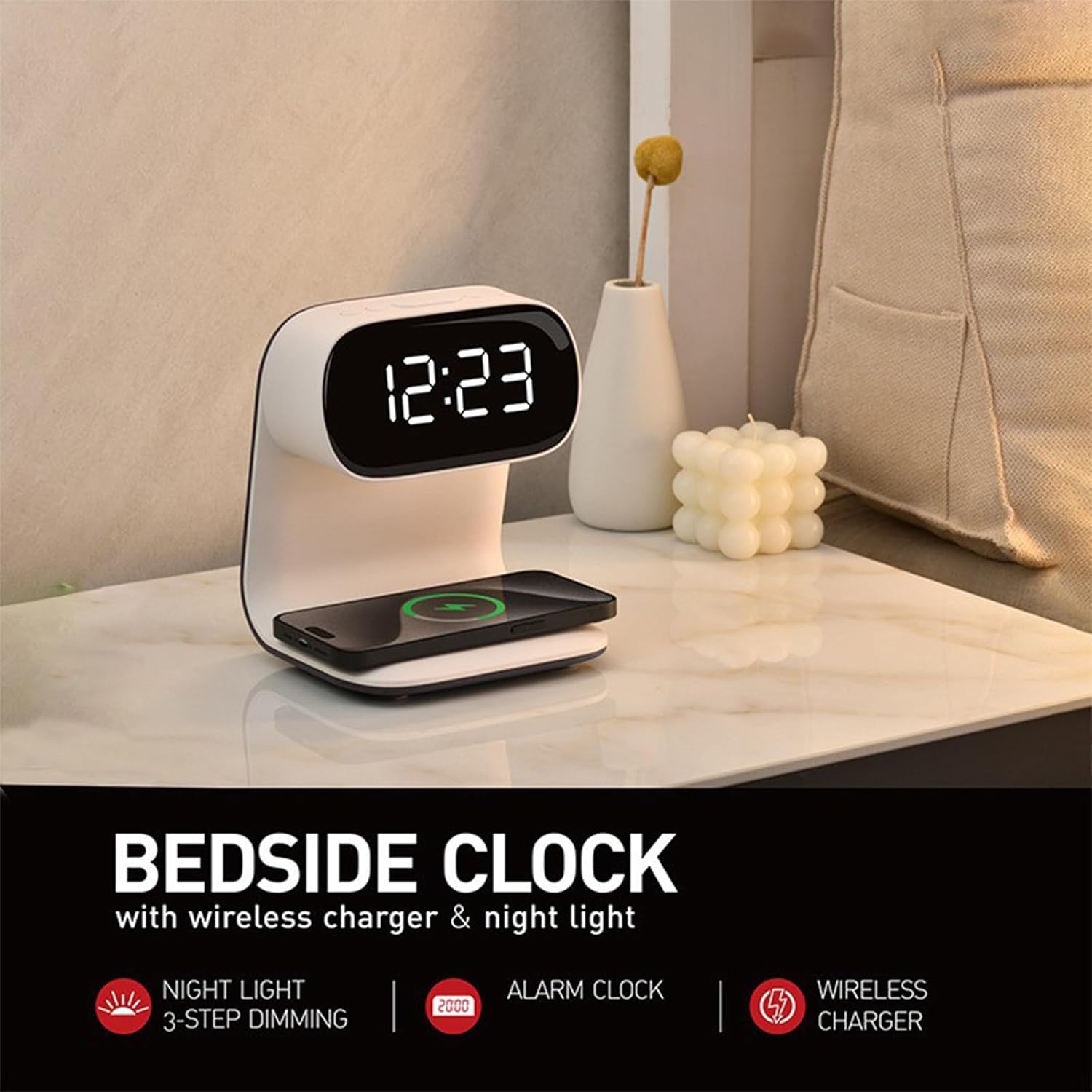 3-in-1 Bedside Lamp with Clock - A40(White), Alarm, 15W Fast Wireless Charger & 3-Level Night Light for Phone/Watch/Earbuds.