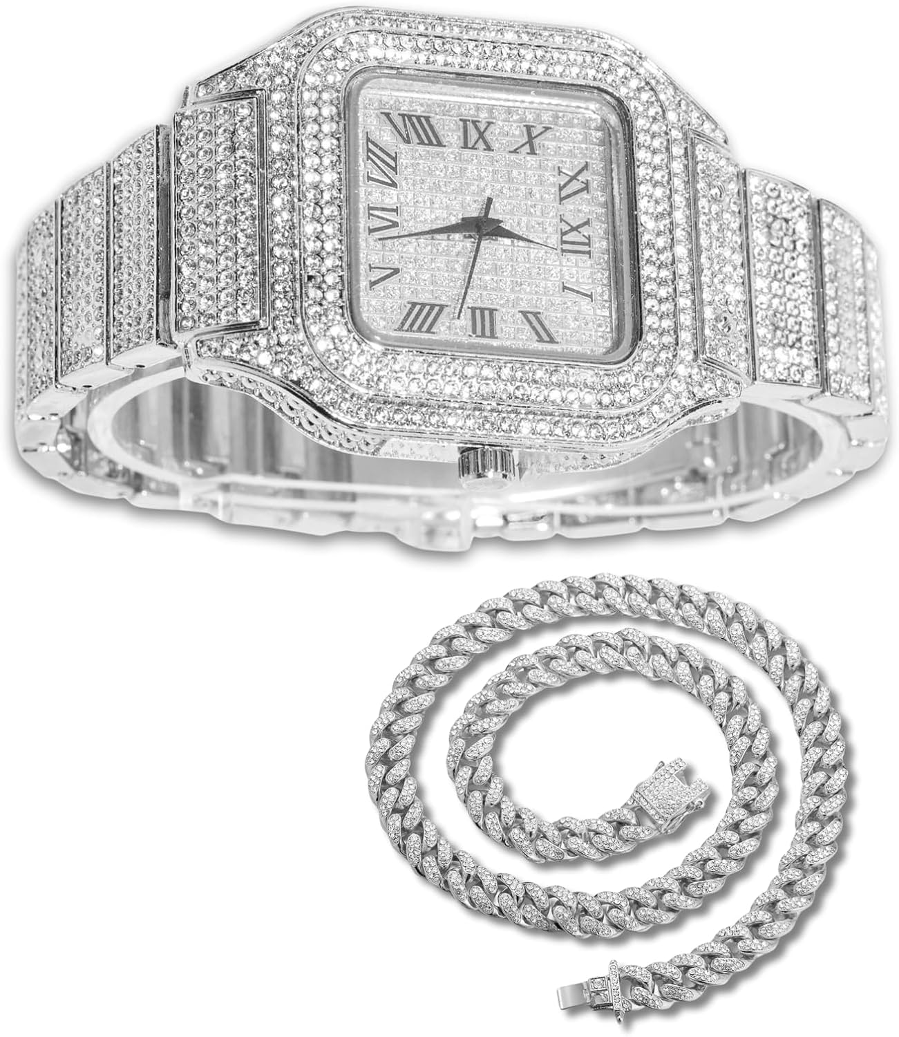 Halukakah Men's Watch - The King - 18K Gold/Platinum Plated, 40MM Square Dial, Diamonds Iced Out Wristband, Optional with Cuban Link Chain Necklace or Bracelet, Comes in Giftbox, for Boyfriend Husband