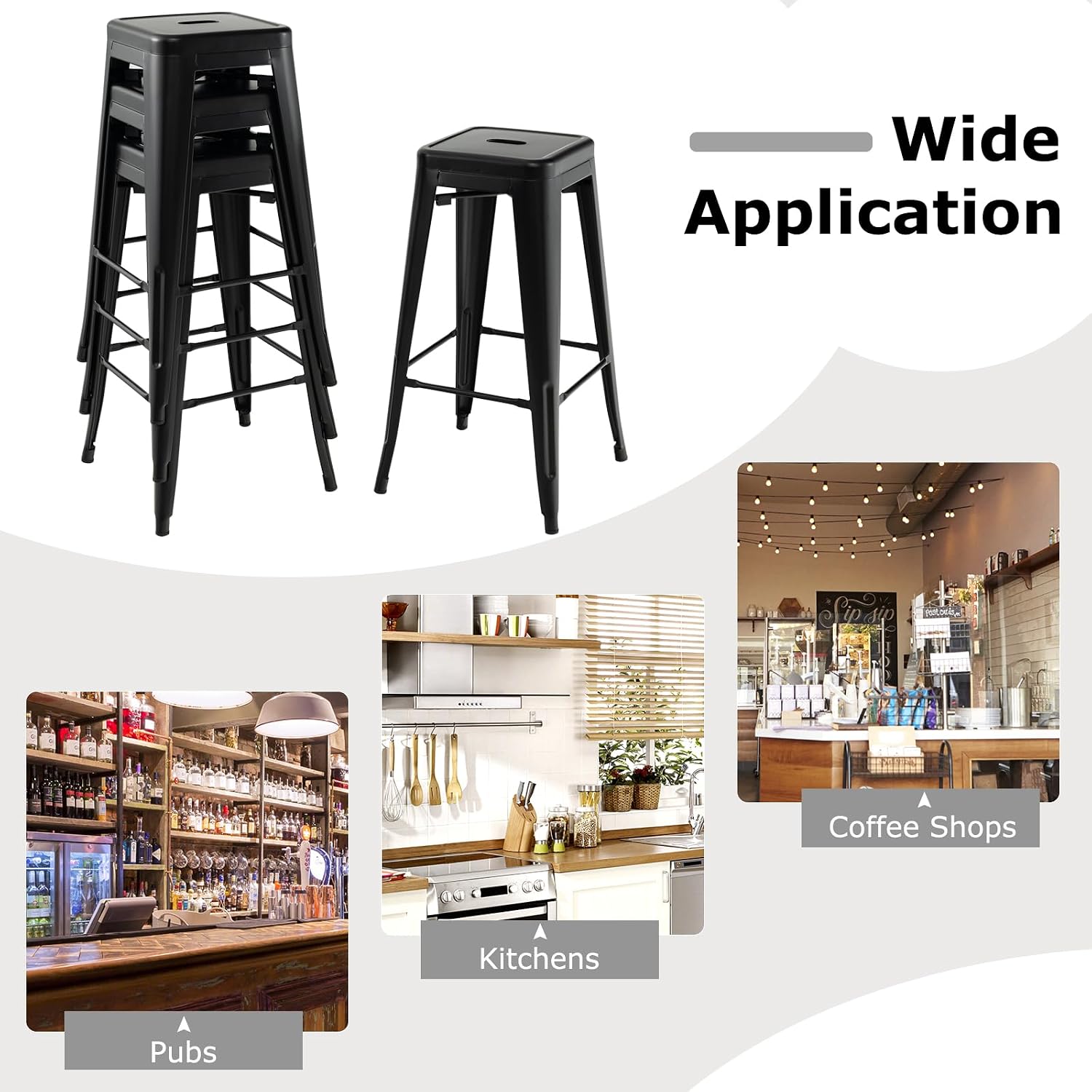 Giantex Metal Backless Bar Stools Set of 4, 30" Bar Height Modern Industrial Barstools w/Cut-Out Handle, Footrest, Rubber Foot Pads, Stackable Bar Dining Chairs for Kitchen Island, Black