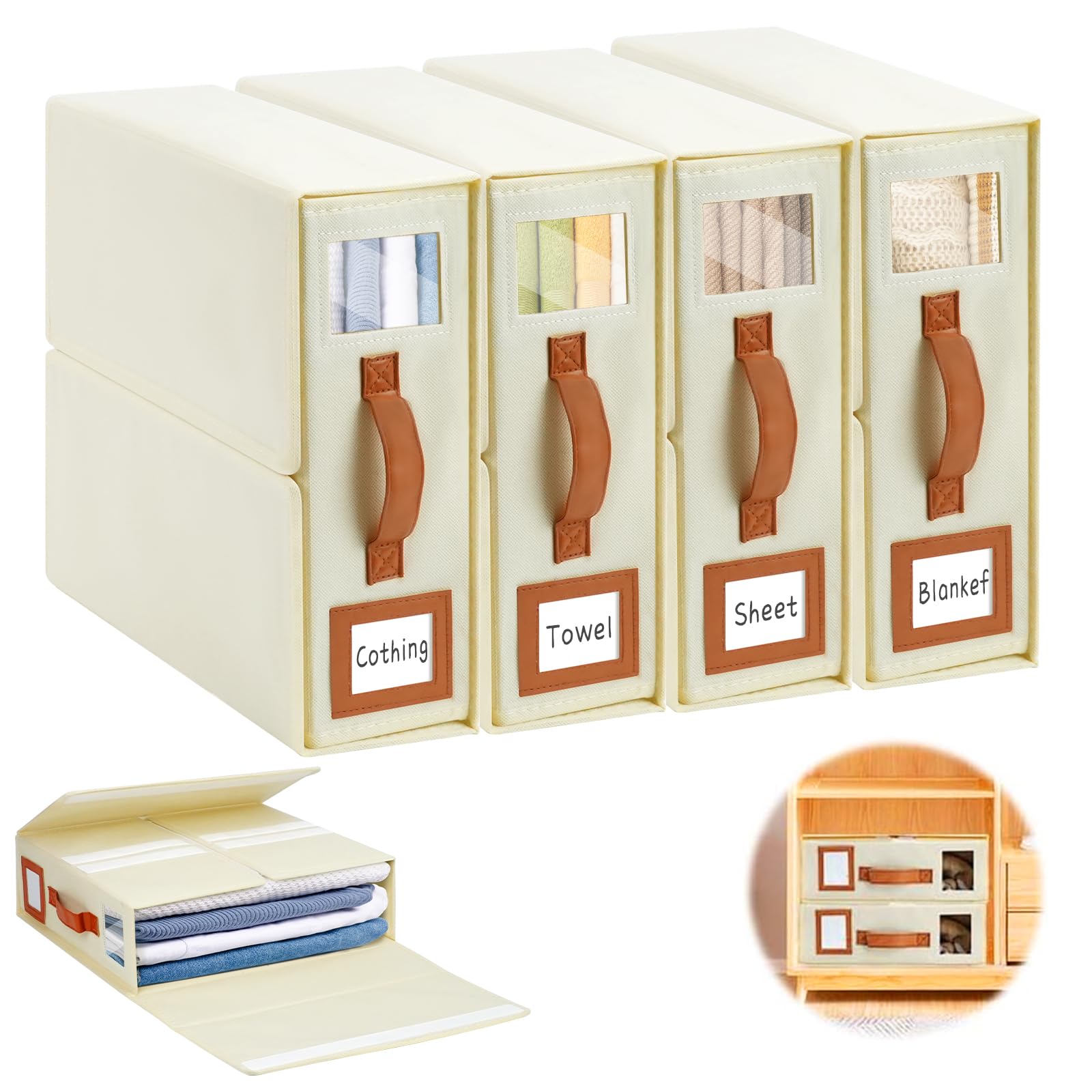 4 Bettwäsche Organizer Bettwäsche Aufbewahrung, Faltbare Aufbewahrung Bettwäsche mit Griff Etiketten und Fenster, Bettwäsche Aufbewahrungsbox Für Laken Bettdecken Handtücher Decken (Weiß) | Faltbare Bettwäsche Aufbewahrungsbox mit Ledergriff Etiketten und