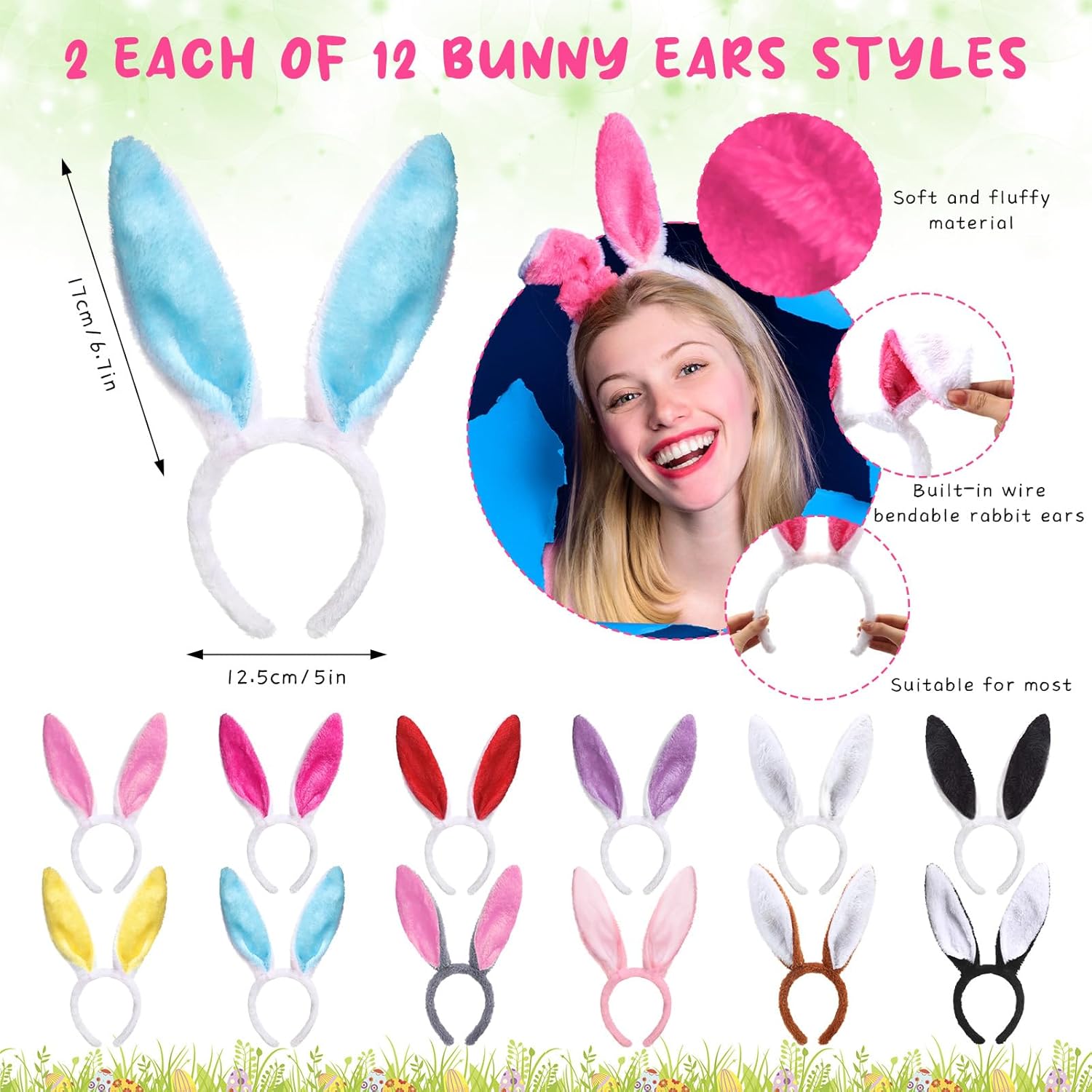 Lyrow 48 Pcs Easter Party Favors Include 24 Bunny Ears Headband Cute Plush Bunny Headband and 24 Easter Egg Eye Glasses Glasses for Costume Cosplay Decoration Photo Prop