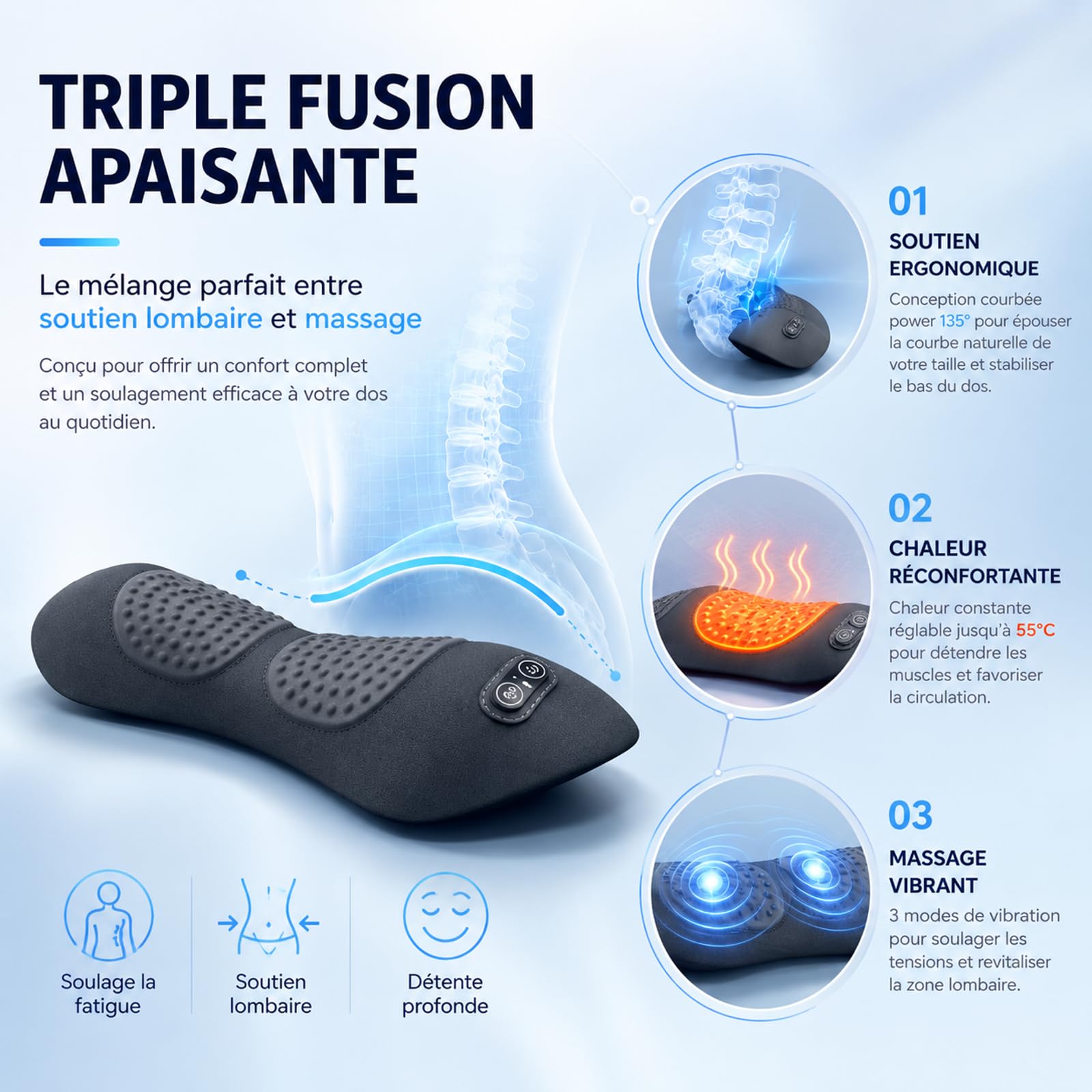 LombaTech 3 en 1 Décompression Vertébrale à Domicile, Masajeador de Espalda con Calor Ajustable y Vibración, Soporte Lumbar Ergonómico, Dispositivo de Relajación Muscular para Hogar y Oficina