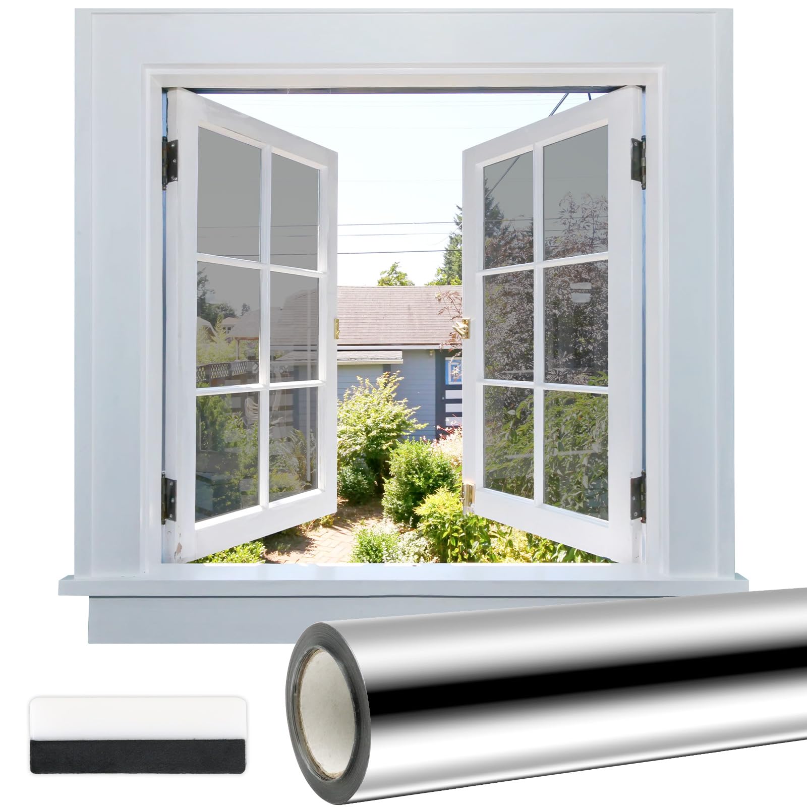 One Way Window Film, VEGCOO Silver One Way Window Film Anti Glare Heat Reflective UV Window Tint Film, Electrostatic Adhesive-free Privacy Film for Glass Windows Home Office