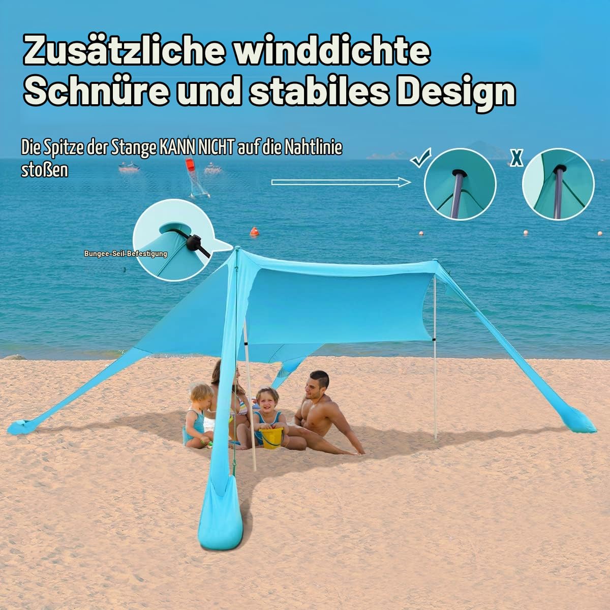Strandzelt Sonnenschutz Strand zelte strandmuschel Muschel UPF50+ mit Sandschaufel, Erdnägeln und Stabilitätsstangen, Outdoor-Schatten für Campingausflüge, Angeln, Hinterhofspaß oder Picknicks