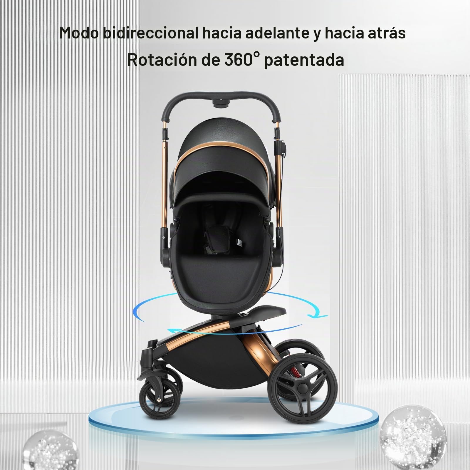 Cuero PU Carrito Bebe 3 en 1, Carrito Bebe con Asiento Ajustable Rotación de 360°, Carro Bebes 3 Piezas con Diseño Plegable de Un Clic, Cochecito Tres Piezas con Accesorios (906 Black)