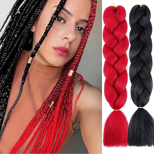 MDRTIRIM Cabello trenzado de color liso, sintético, jumbo, rojo y negro, extensiones preestiradas, fibra resistente a altas temperaturas, pelo
