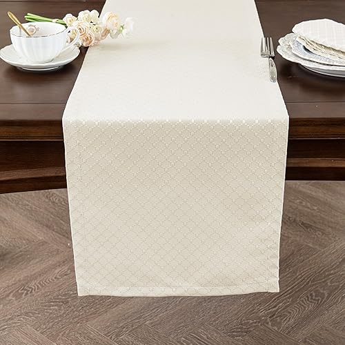 Camino de mesa jacquard marfil, patrón de lunares de diamante, bufanda de tocador, rectangular de poliéster resistente a las arrugas, caminos de