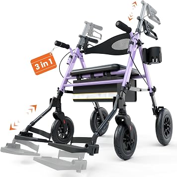 3 in 1 Folding Rollator Walker with Seat, Aluminum Transport Wheelchair Combo with Adjustable Footrest, Storage Bag & Cup Holder, Mobility Walker for Seniors, Purple