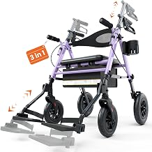 3 in 1 Folding Rollator Walker with Seat, Aluminum Transport Wheelchair Combo with Adjustable Footrest, Storage Bag & Cup Holder, Mobility Walker for Seniors, Purple