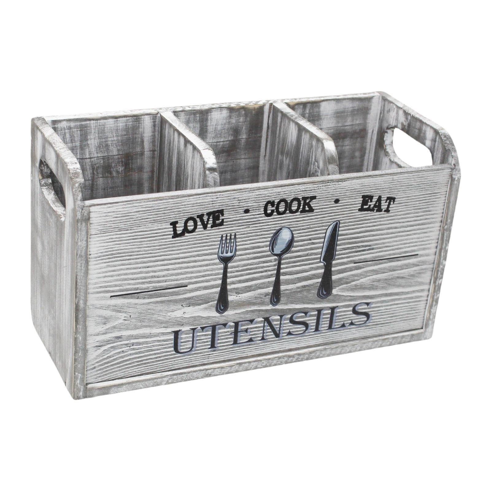 Porte-ustensiles de cuisine en bois noble boîte à couverts rustique grise premium