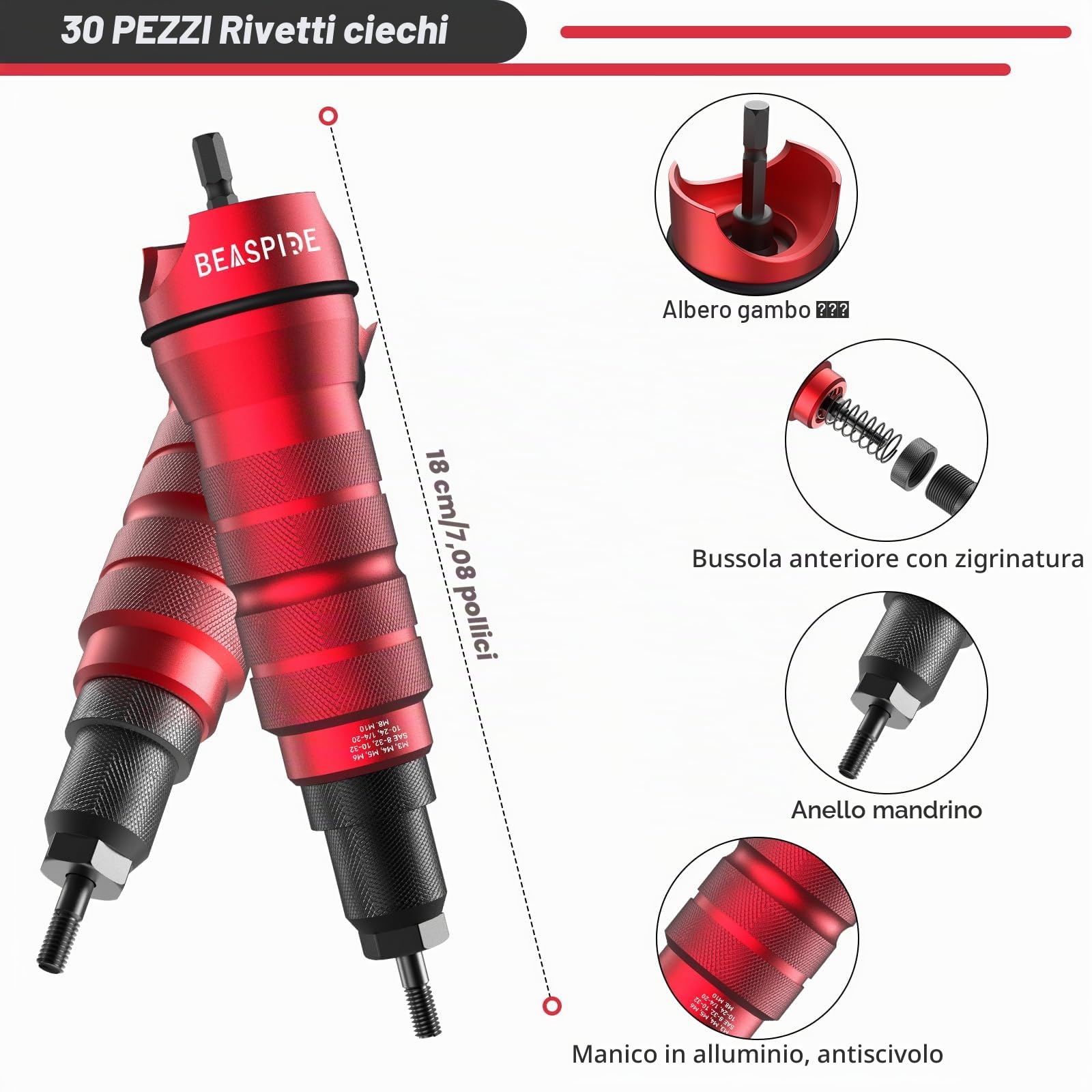 Beaspire Rivettatrice per Trapano e Avvitatore a Batteria – Kit Rivetto Dado con 10 Mandrini e 50 Dadi Rivetti (M3-M10), Adattatore Professionale
