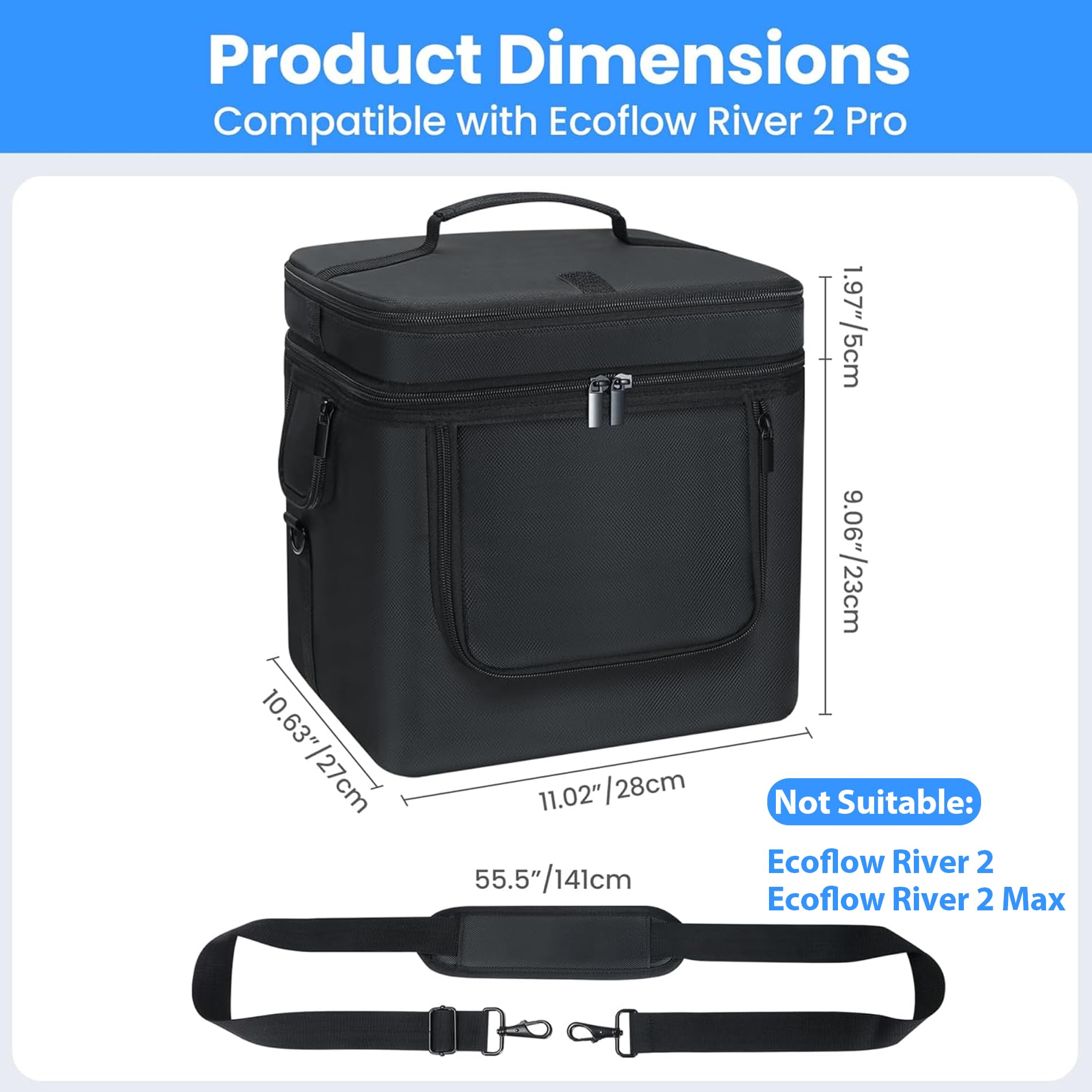Bolsa de transporte compatible con ECOFLOW River 2 Pro, bolsa de almacenamiento de energía con correa de hombro ajustable, cubierta suave para generador con cremallera lateral, 28 x 27 x 23 cm