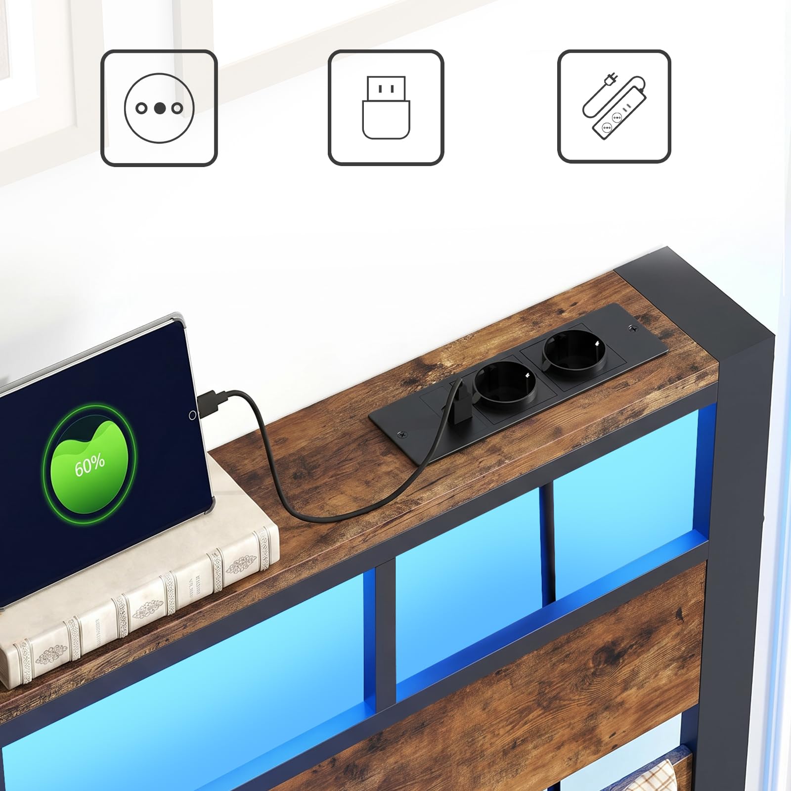 HOOBRO Lit 180 x 200 cm avec Sommier Métal, LED, Multiprise et Espace de Rangement, 2AC, 2USB-A, Lit Deux Personnes avec Cadre de Chevet, pour Chambre, Marron Rustique et Noir EBF80CDBF01
