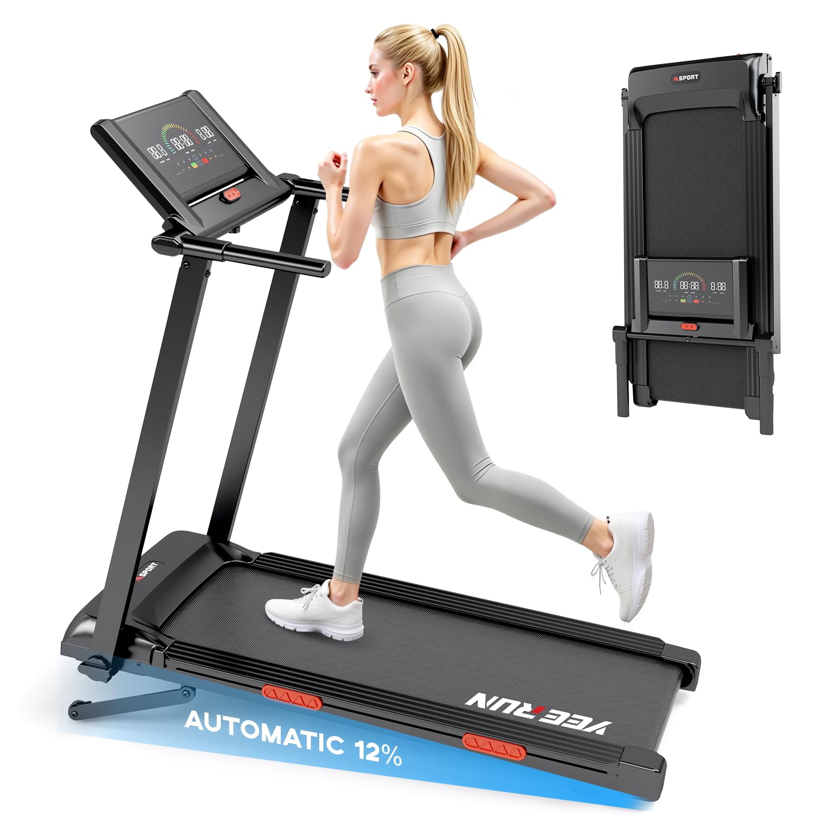Cinta de Correr, Cinta de Correr Plegable 4 en 1: inclinación Regulable eléctricamente hasta un 12%; Velocidad de 1-8 KM/H; con Pantalla LED y Panel de Control; Plataforma y barandillas Desmontables.