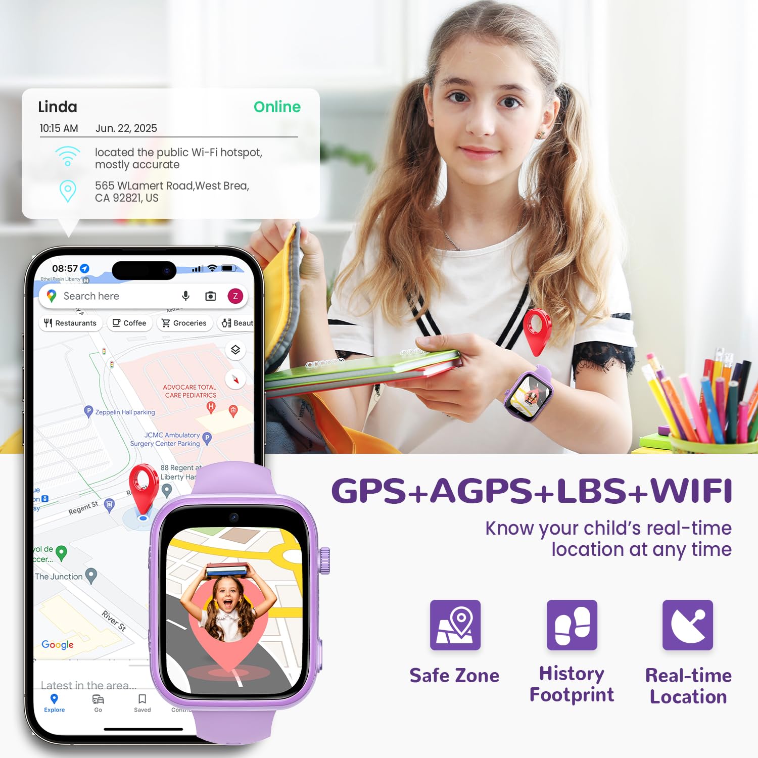 Fitnynxos 4G Smartwatch Bambini con Chiamate e GPS, Orologio Smartwatch Bambini con Videochiamate, SOS, Chat Vocale, SMS, Modalità Scuola, Whatsapp, WiFi, SIM, IP68 Contapassi, Regalo Bambina, Viola