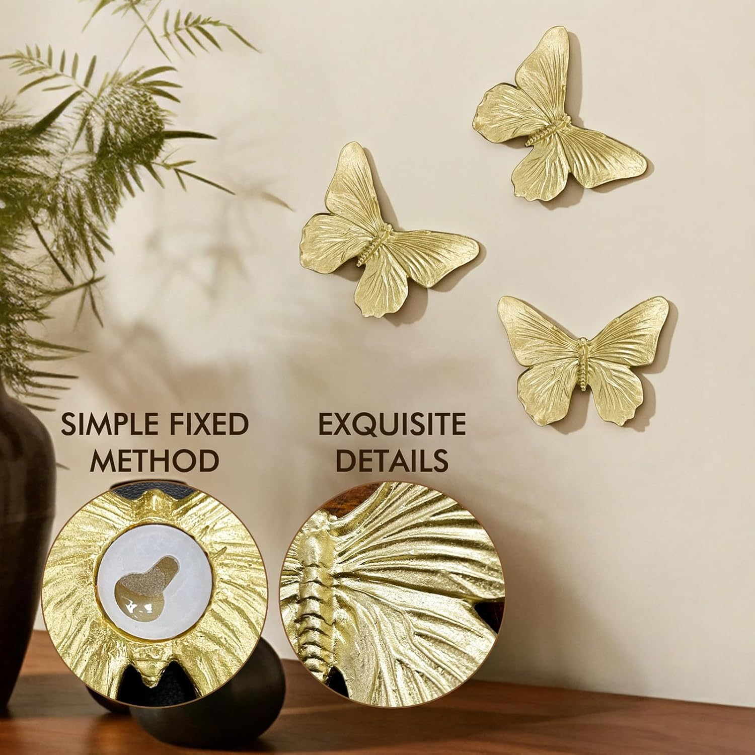 GUSFREUD 3D Butterfly Wall Decor Set – Resin Wall Decorations for Living Room, Bedroom, Garden, Yard, Outdoor and Gallery Walls - Antique Gold - Set of 3