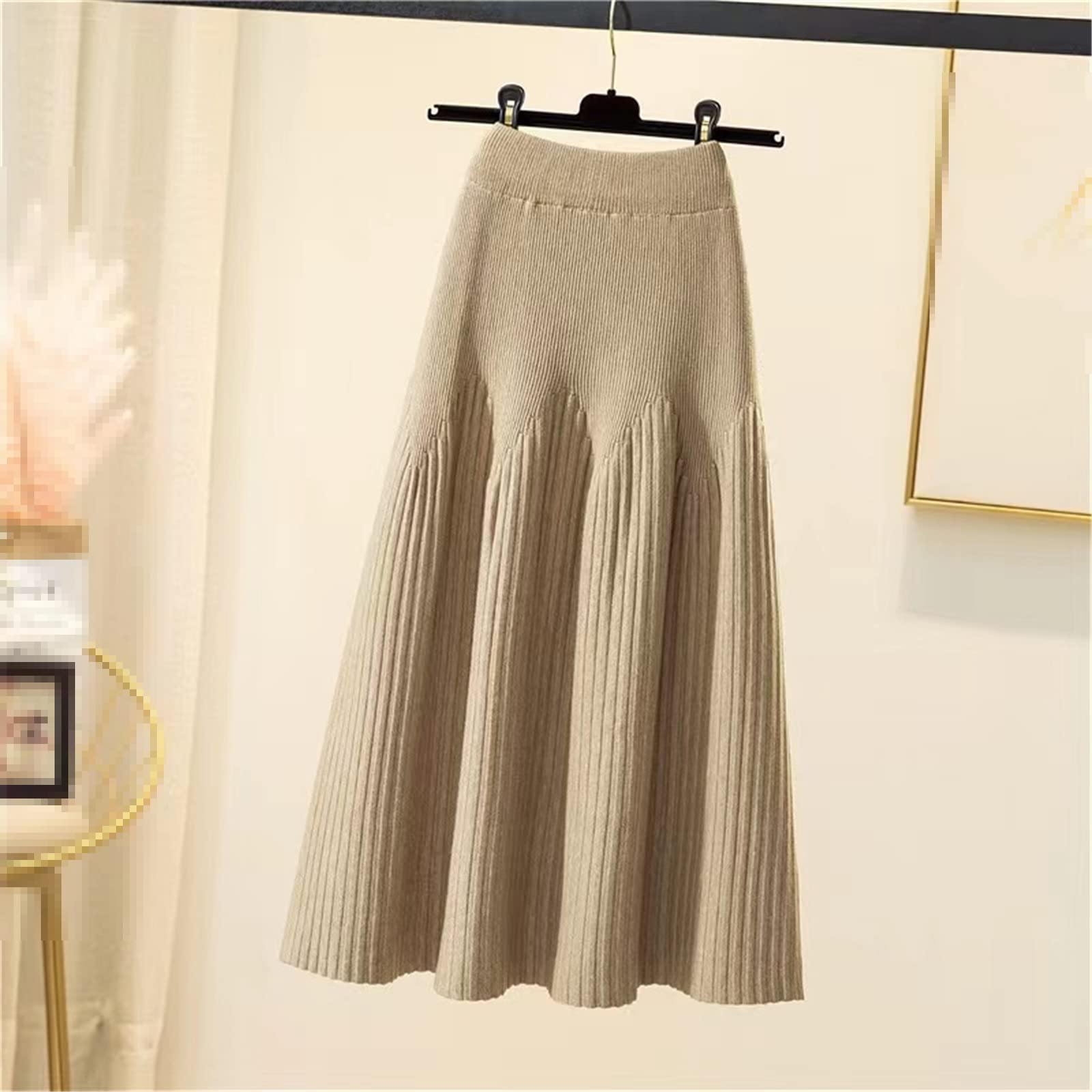 Damska spódnica z dzianiny moda odzież damska vintage elastyczna wysoka talia A-line spódnica midi, Khaki, Rozmiar uniwersalny
