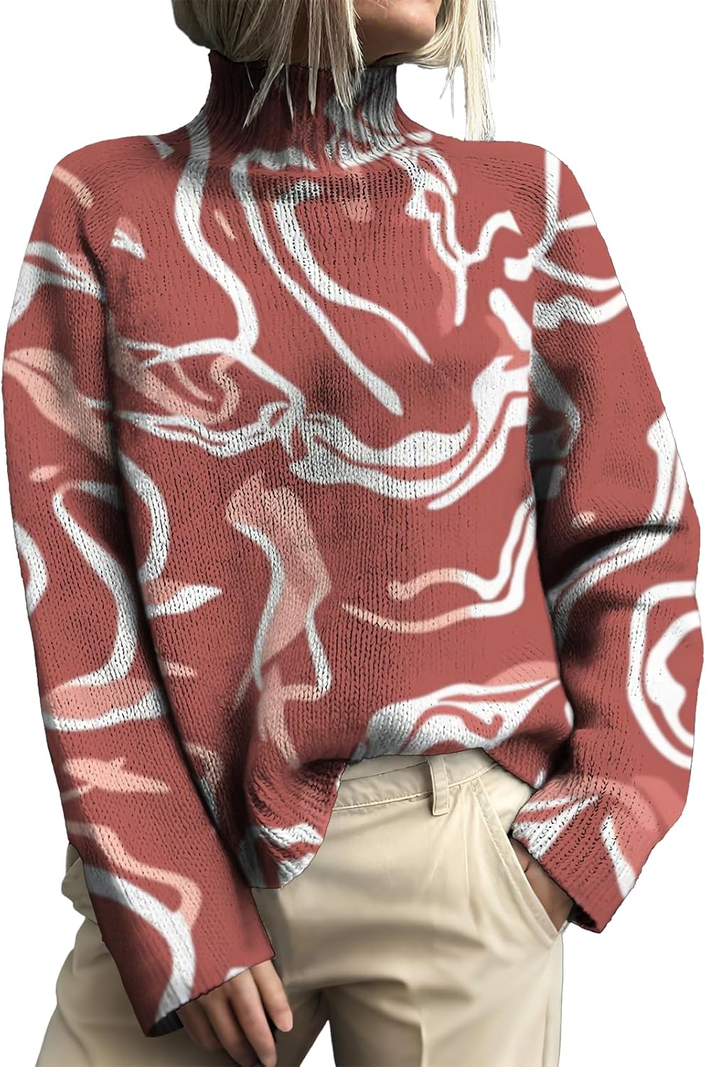 Pullover Sweater for Women Boho Floral Long Sleeve Kniteed Chunky Winter Sweaters Turtleneck Jumper Tops 2025 Fall