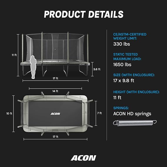 ACON 16 HD Rectangular Trampoline with Safety Enclosure & Ladder - 17 x 9.8 ft Big Rectangle Trampoline Outdoor, 140 HD Springs, SafeMat, 1,650 lbs Tested Steel Frame,
