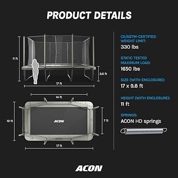 ACON 16 HD Rectangular Trampoline with Safety Enclosure & Ladder - 17 x 9.8 ft Big Rectangle Trampoline Outdoor, 140 HD Springs, SafeMat, 1,650 lbs Tested Steel Frame,