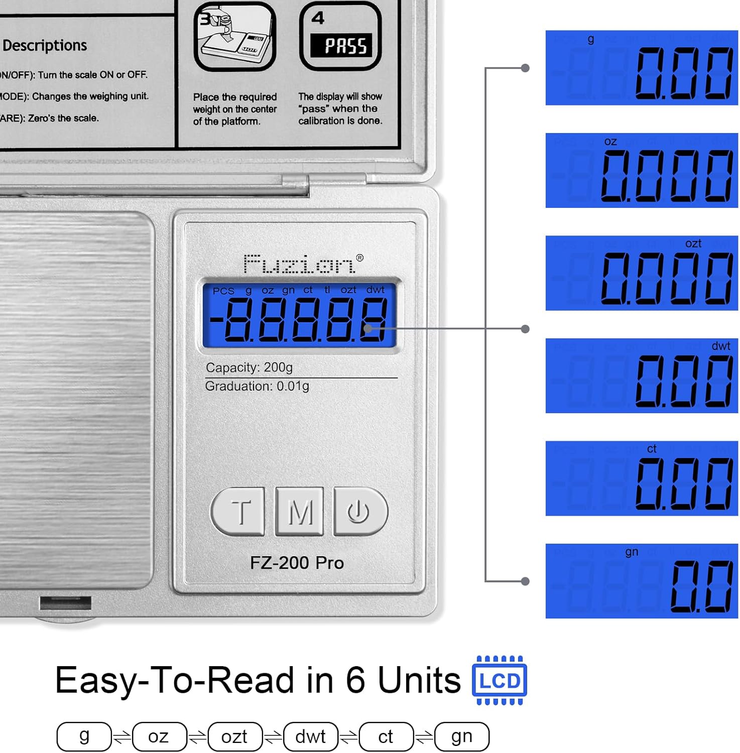 Fuzion Digital Pocket Scale display showing different units of measurement: grams, ounces, troy ounces, pennyweights, carats, and grains.