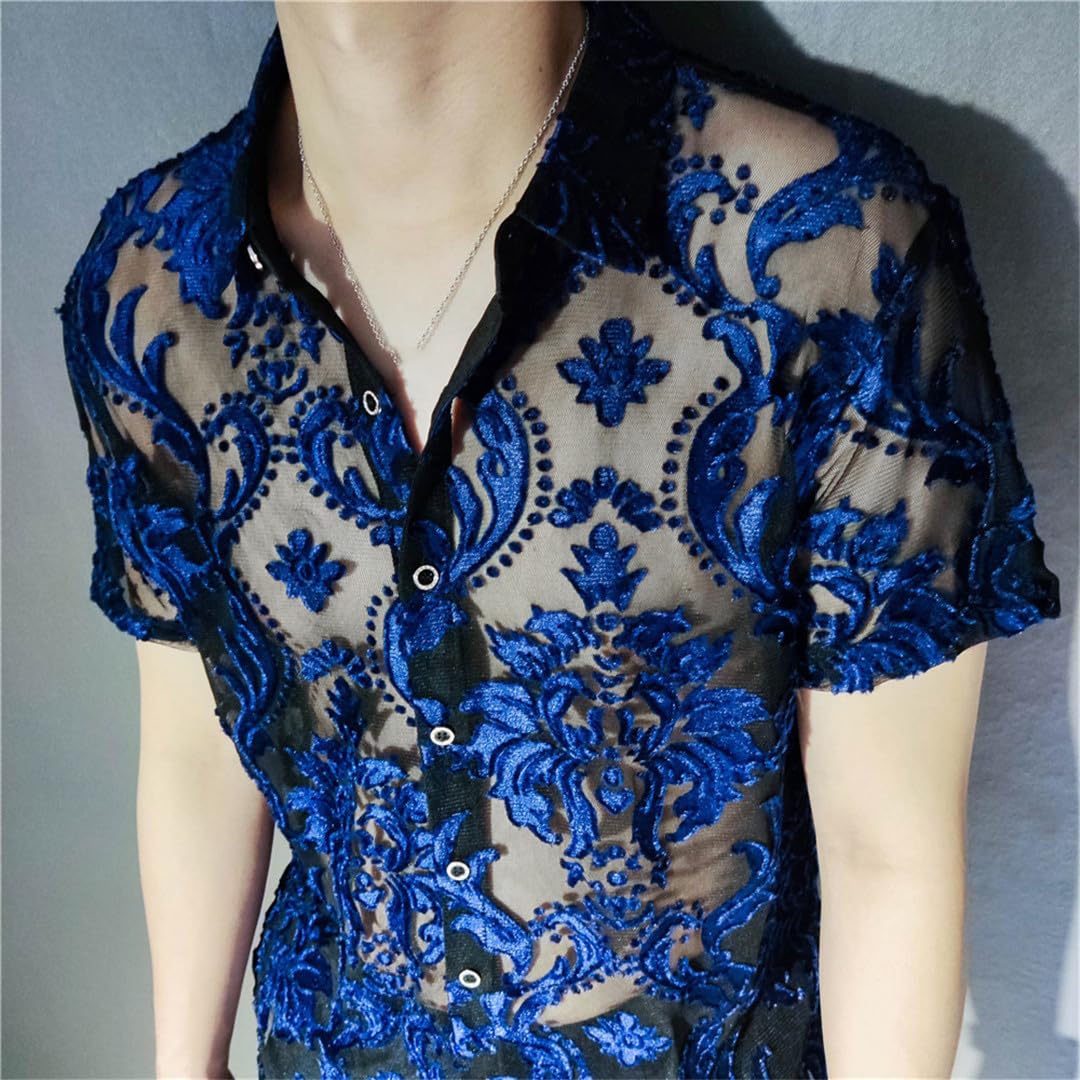 Yeuyyben Camicia A Fiori Trasparente Camicia Nera A Maniche Corte in Morbido Pile Abbigliamento da Uomo Slim-Fit Camicia Sexy A Maniche Corte Trasparente