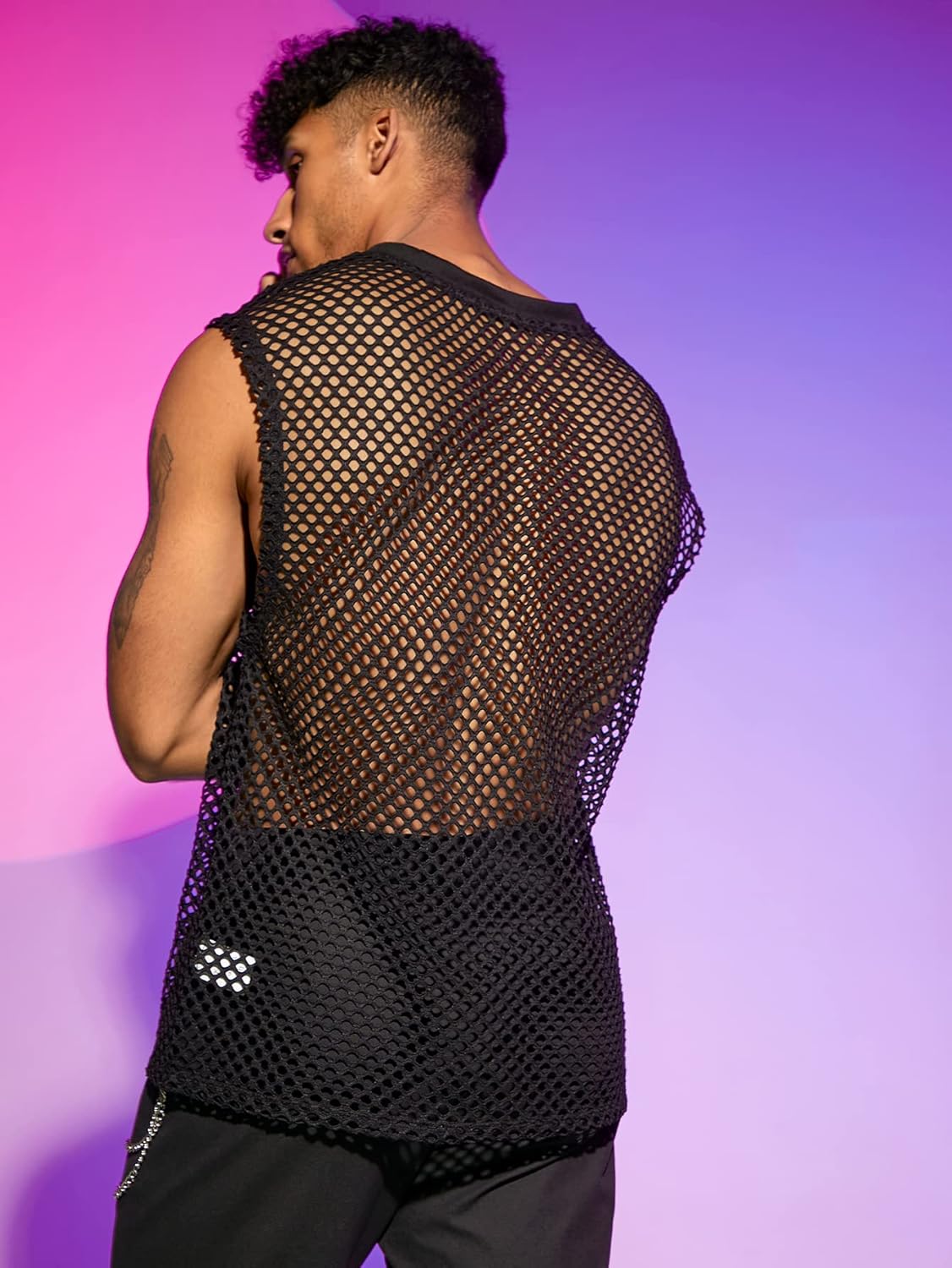 WDIRARA Men's Sheer Mesh Sleeveless V Neck Tank Top T Shirt Party Top - Image 2