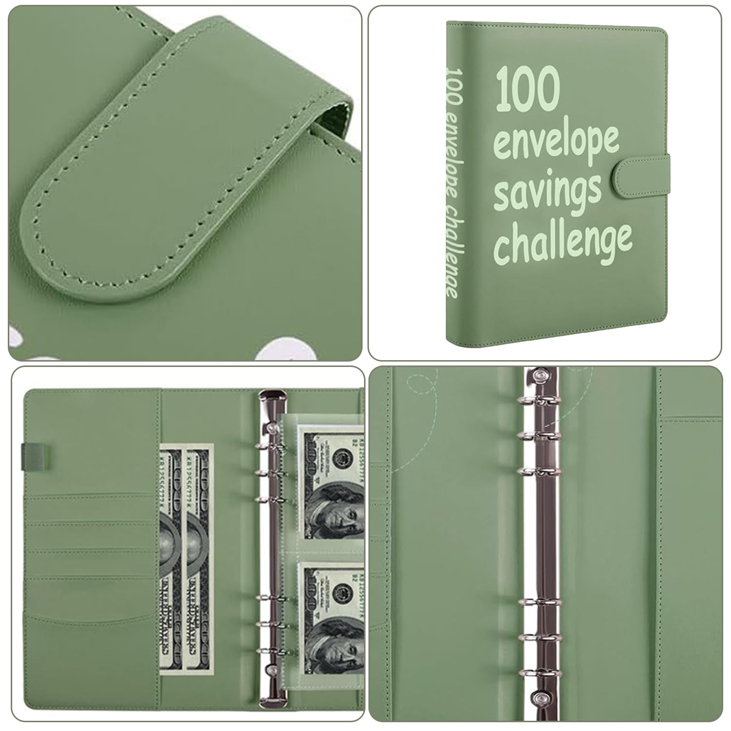 100 szt. opasek na wyzwania, segregator na wyzwania, Savings Challenges Binder, koperty Binder, organizer na książki z kopertami na gotówkę na 100 dni, dla par, biur, domu (kolor zielony)