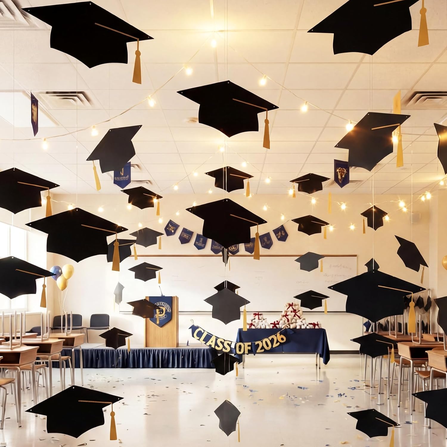 Yinder 18 Pcak 2026 Large Graduation Hat Decoration 16″ 14″ 12″ Graduation Hat Hanging Ornament Congrats Grad Party Decor with Rope for School Classroom College Ceiling Staircase Hallway Home, 3 Size