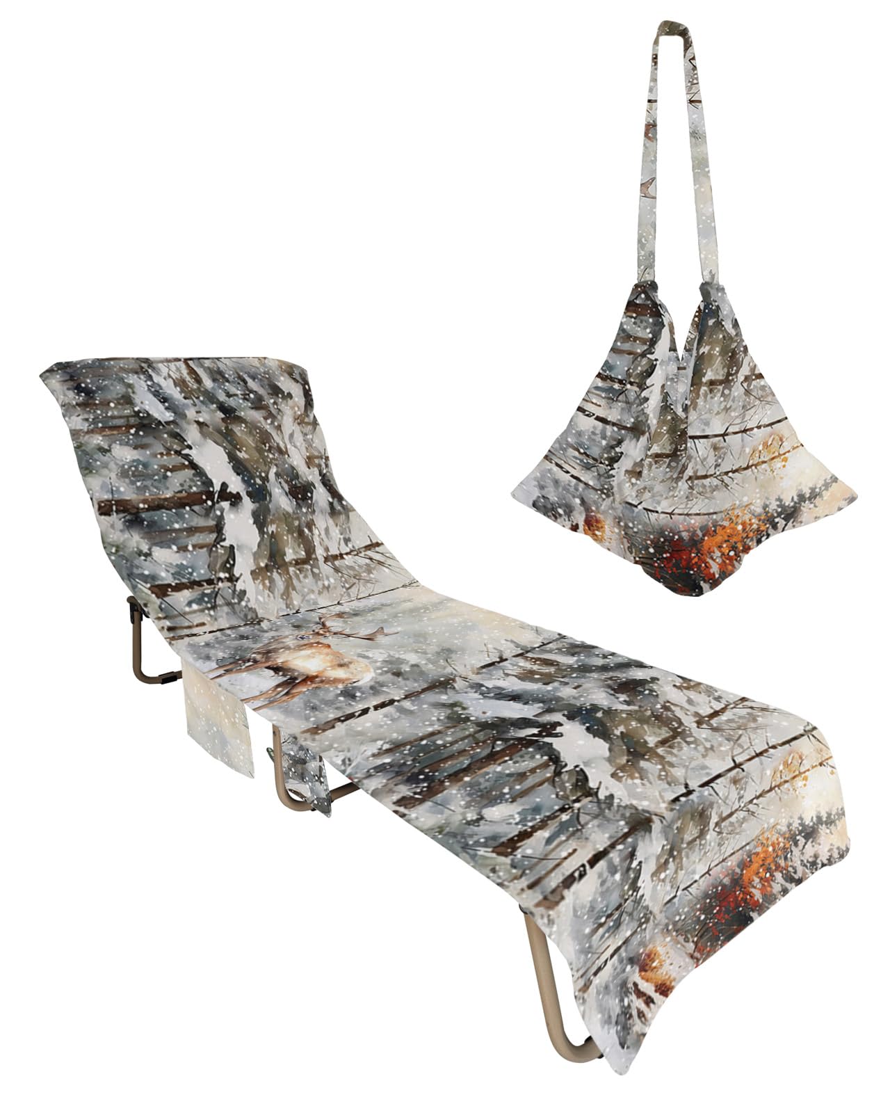 Winter Christmas Beach Chair Towel Covers for Chaise Lounge with Side Pocket, Soft Plush Pool Towels Cover for Patio Sunbathing Outdoor 29''x85'' Forest Snowy Elk Pine Tree