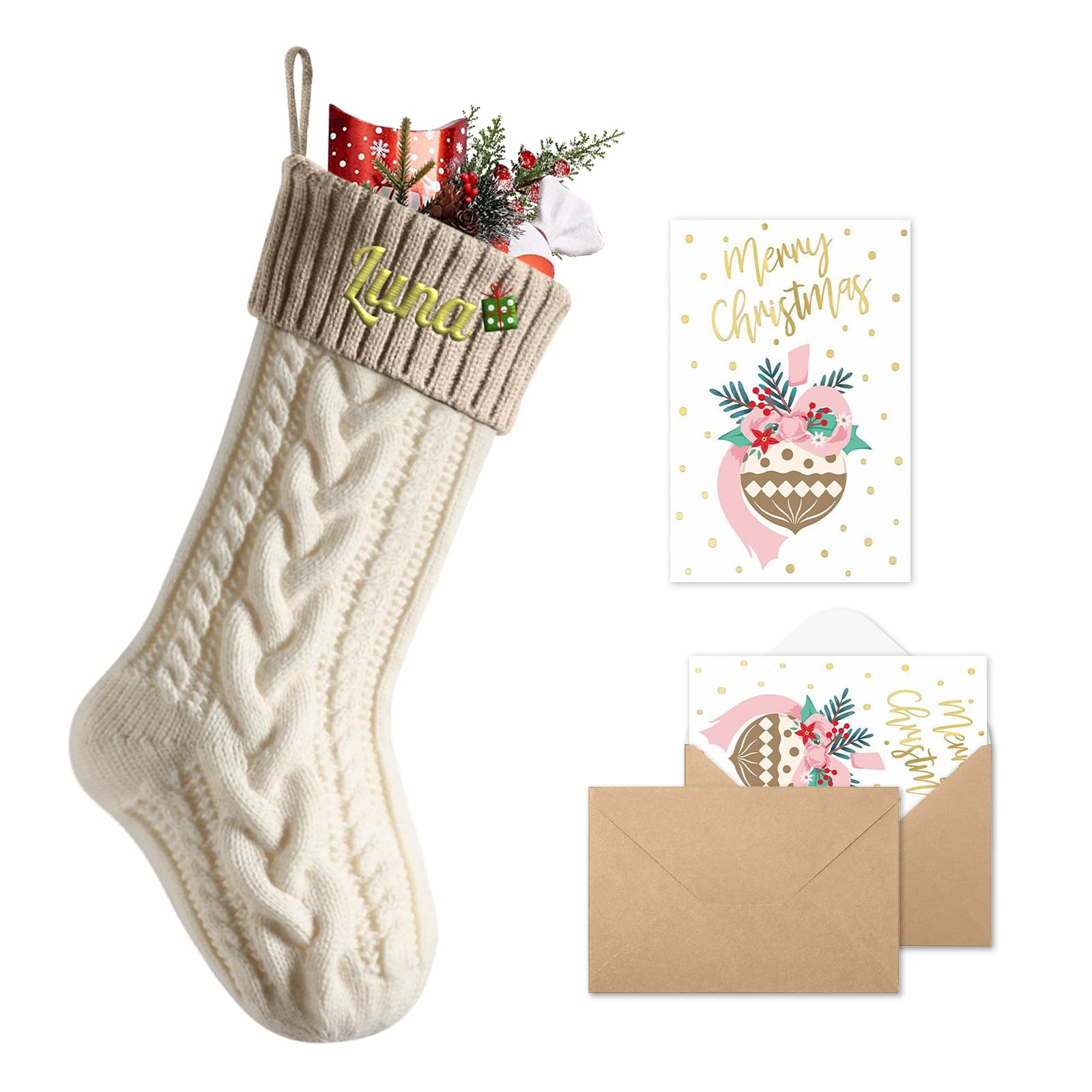bolukets Personalised Christmas Stockings with Christmas Cards, Custom Embroidered Name Monogram 18" Large Knit Christmas Stocking for Family Ivory (Body) / Khaki (Mouth)