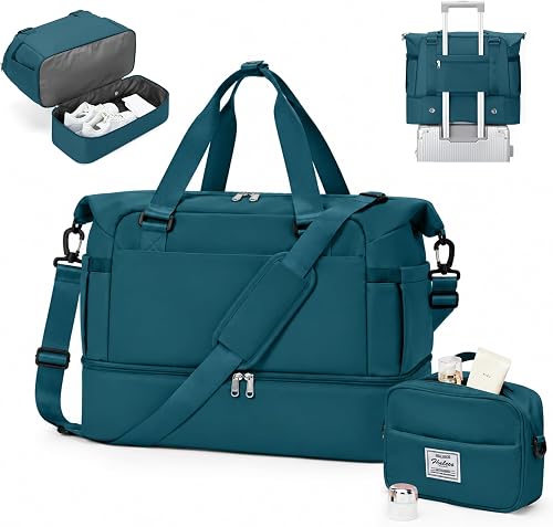 Weekender Bags for Women, Travel Duffel with Shoe Compartment USB Charging, Carry On Gym Duffle Bag, Peacock Blue (with Toiletires Bag), Travel Duffel Bag With Shoe Compartment