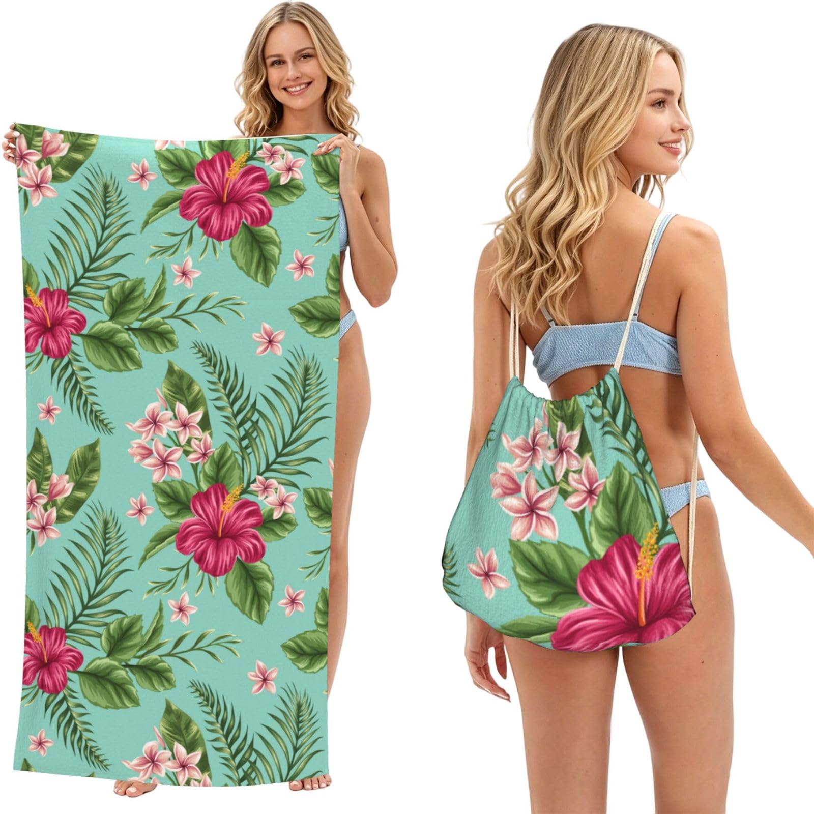 Poadnly As Picture Plumeria And Hibiscus Flowers Print Exotic Jungle Palm Leaf, 2 In 1 Packable Towel Bag, Beach Towels With Drawstring Backpack For Travel Holiday Camping