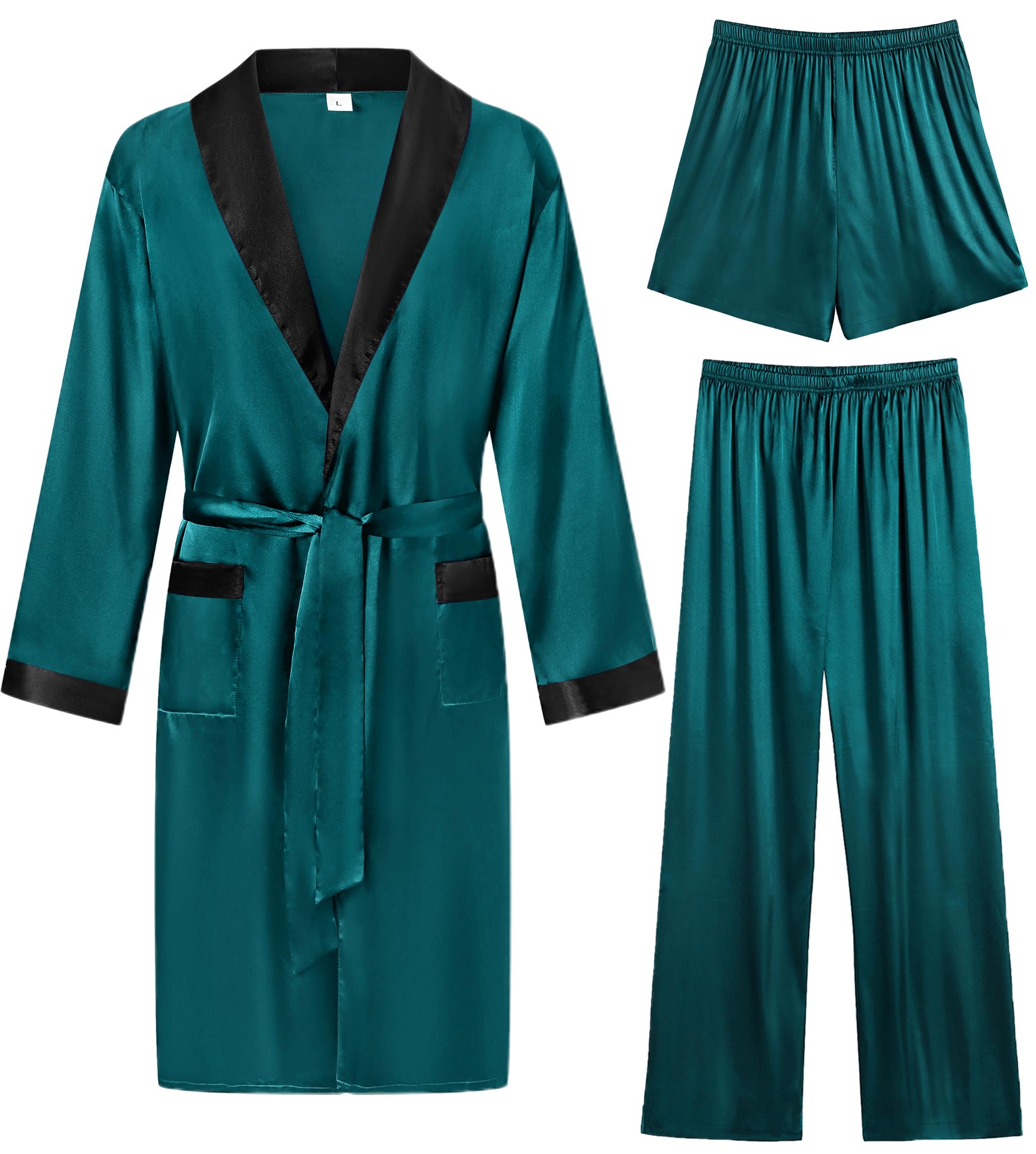 SWOMOGMen's 3 Pcs Robe Silk Satin Kimono Bathrobe with Shorts&Pants Set Lightweight Soft Sleepwear